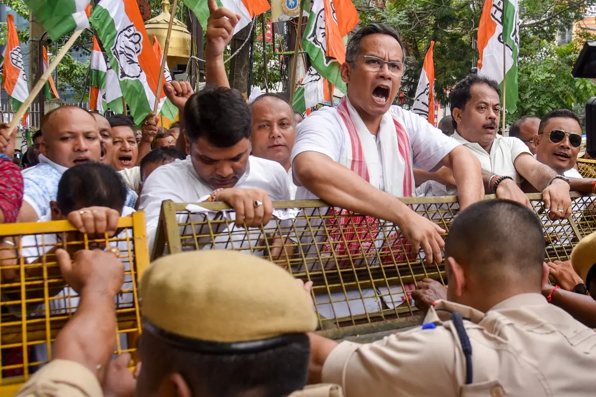 MP and Assam Pradesh Congress Committee President Gaurav Gogoi and others during a protest carried out by the Assam Pradesh Congress Committee against Chief Election Commissioner (CEC) Gyanesh Kumar, in Guwahati, Assam, Friday, Sept. 25, 2026. (PTI Photo)