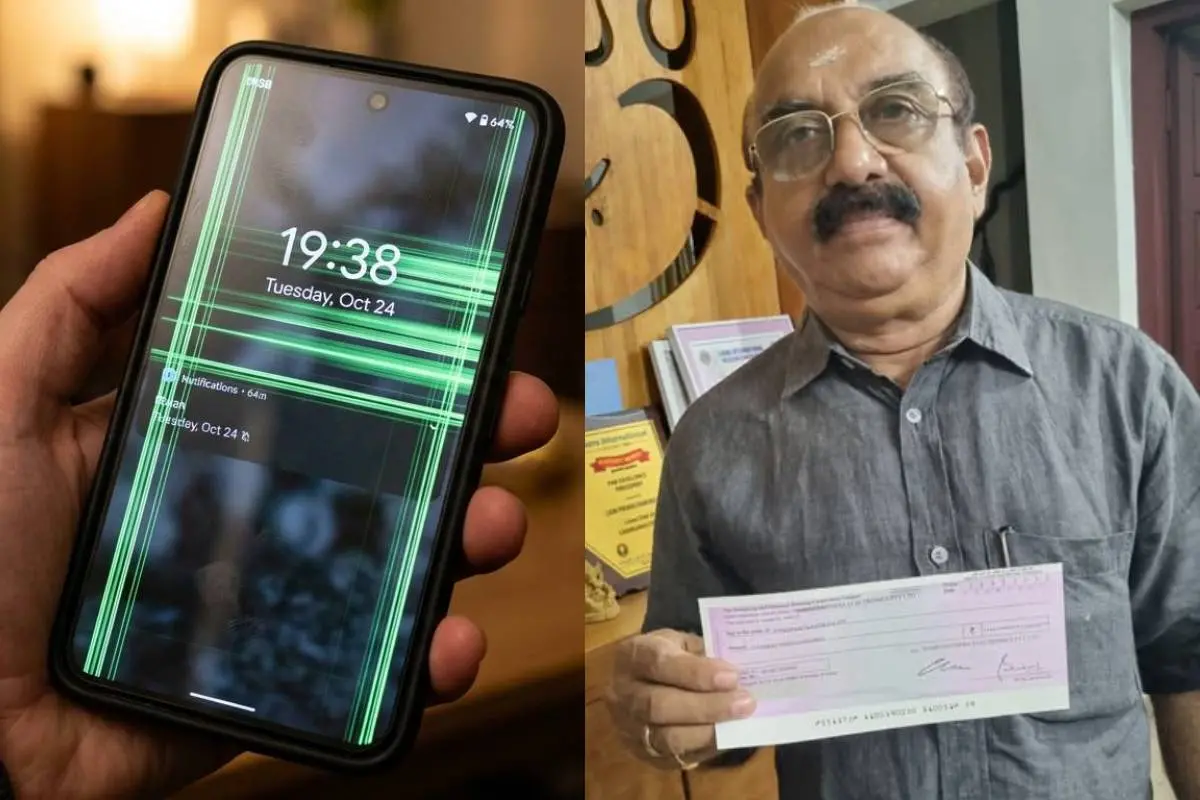 1. പ്രതീകാത്മകചിത്രം 2. നഷ്ടപരിഹാരത്തുകയുടെ ചെക്കുമായി പ്രേമചന്ദ്രന്