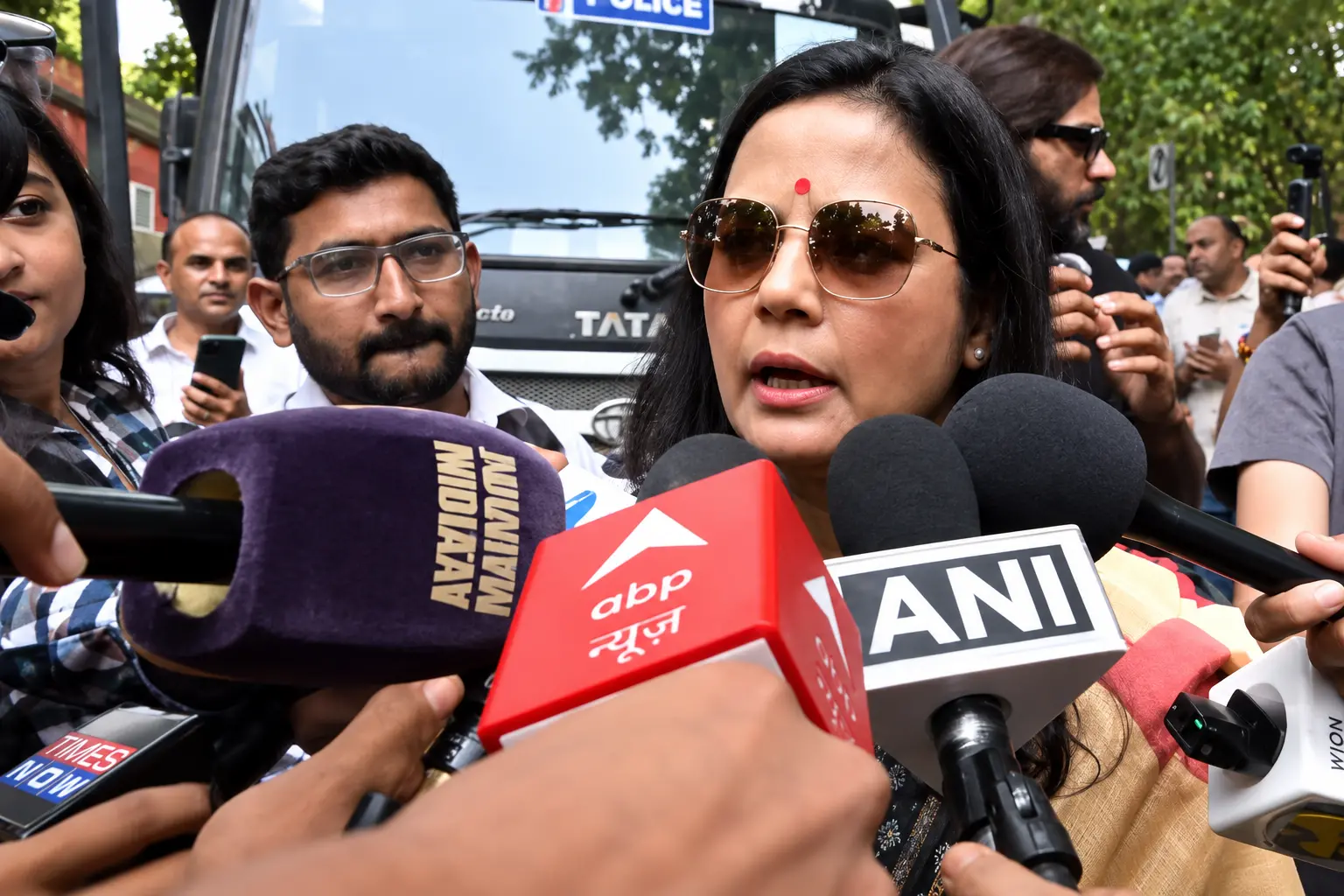 TMC MP Mahua Moitra speaks to reporters during a protest demanding the resignation of Chief Election Commissioner Gyanesh Kumar at Jantar Mantar in New Delhi. (IANS Screengrab)
