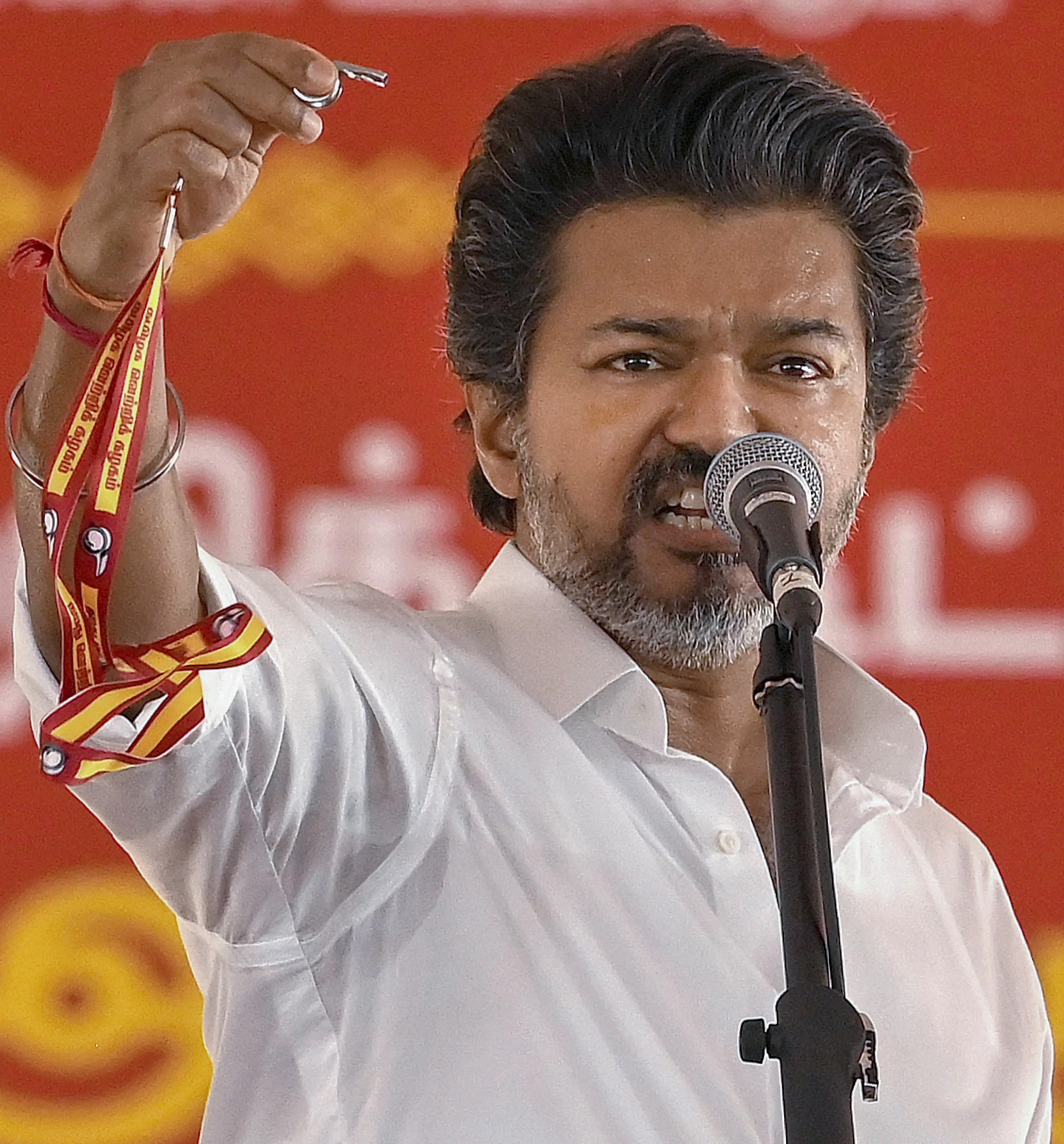 Tamil Nadu Chief Minister and Tamilaga Vettri Kazhagam (TVK) president C Joseph Vijay addresses an election campaign meeting ahead of the Madurantakam Assembly by-election, in Chengalpattu district on Friday, Sept 25, 2026 | Photo: PTI