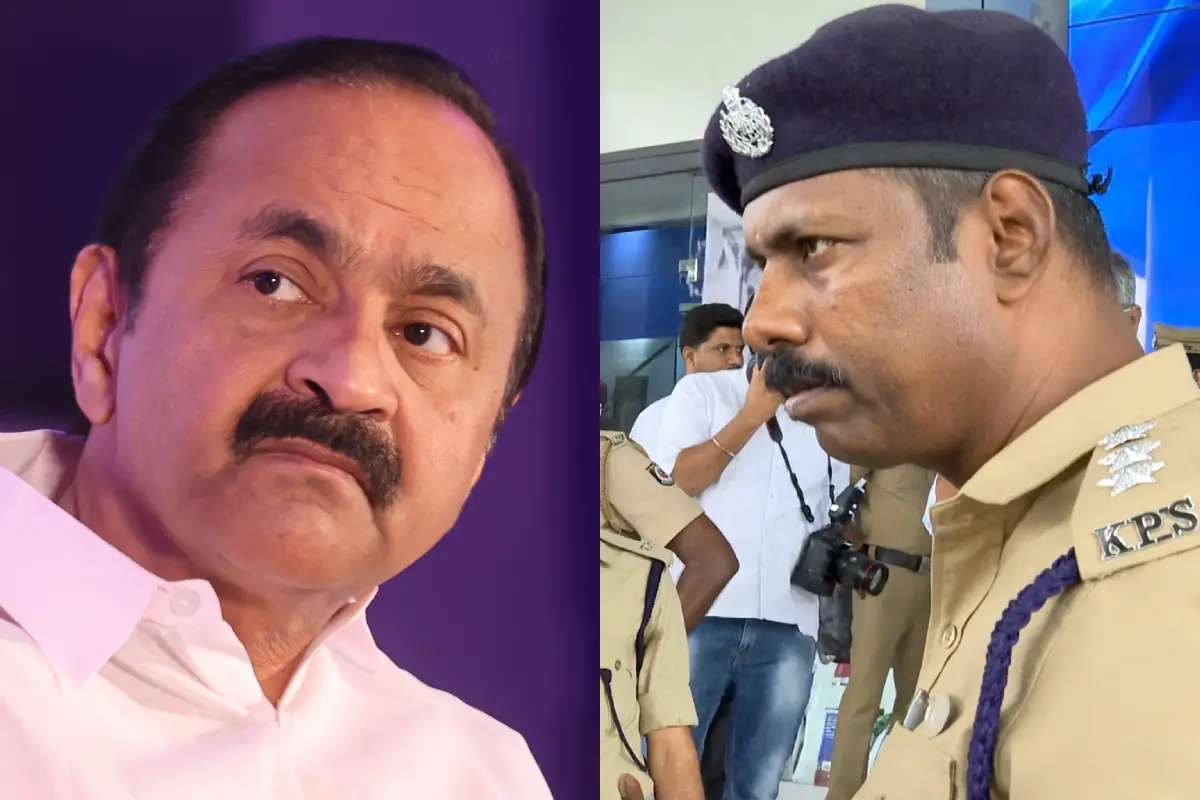 മുഖ്യമന്ത്രി വി.ഡി. സതീശൻ, മുഖ്യമന്ത്രിയോട് ചോദ്യം ചോദിക്കരുതെന്ന് മാധ്യമപ്രവർത്തകരെ വിലക്കുന്ന കൊച്ചി അസിസ്റ്റന്റ് കമ്മിഷണർ പീറ്റർ കെ.ജെ