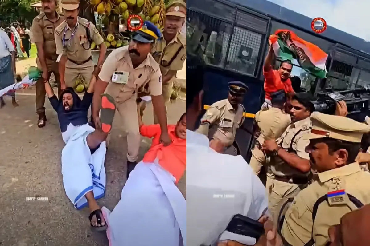 അമിത് ഷായെ കരിങ്കൊടി കാണിക്കാൻ ശ്രമിച്ച യൂത്ത് കോണ്ഗ്രസ് പ്രവർത്തകരെ പോലീസ് അറസ്റ്റ് ചെയ്ത് നീക്കുന്നു