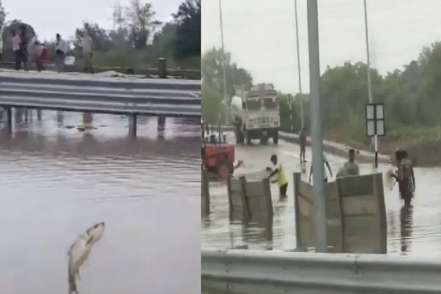 ഗംഗാ എക്‌സ്പ്രസ്‌വേയിൽ വെള്ളക്കെട്ട്; വലവീശി മീൻപിടിച്ച് പ്രദേശവാസികൾ, ട്രോളും രാഷ്ട്രീയവിവാദവും പിന്നാലെ