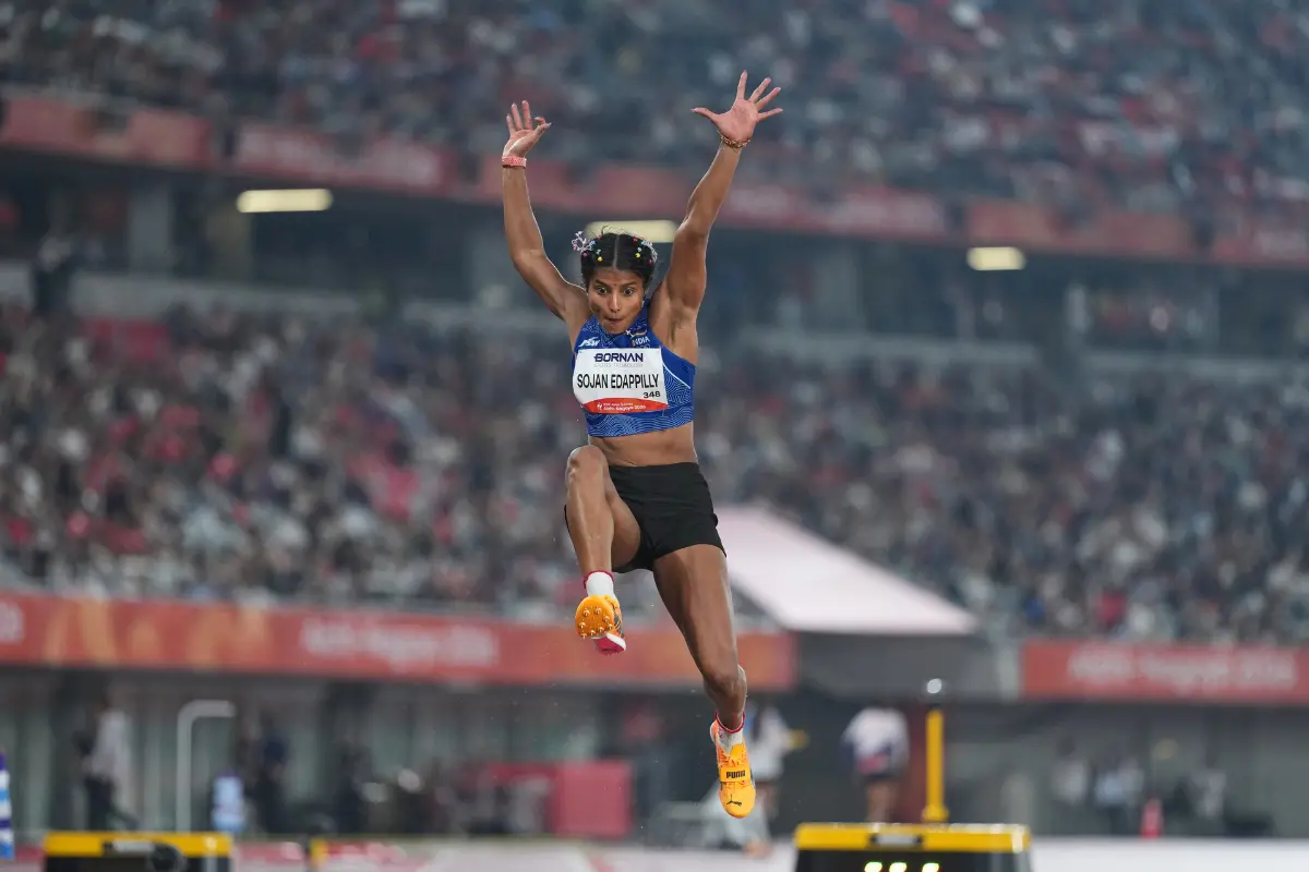 India's Ancy Sojan Edappilly competes in the women's long jump final at the Asian Games in Nagoya, Japan. | Photo: AP/PTI