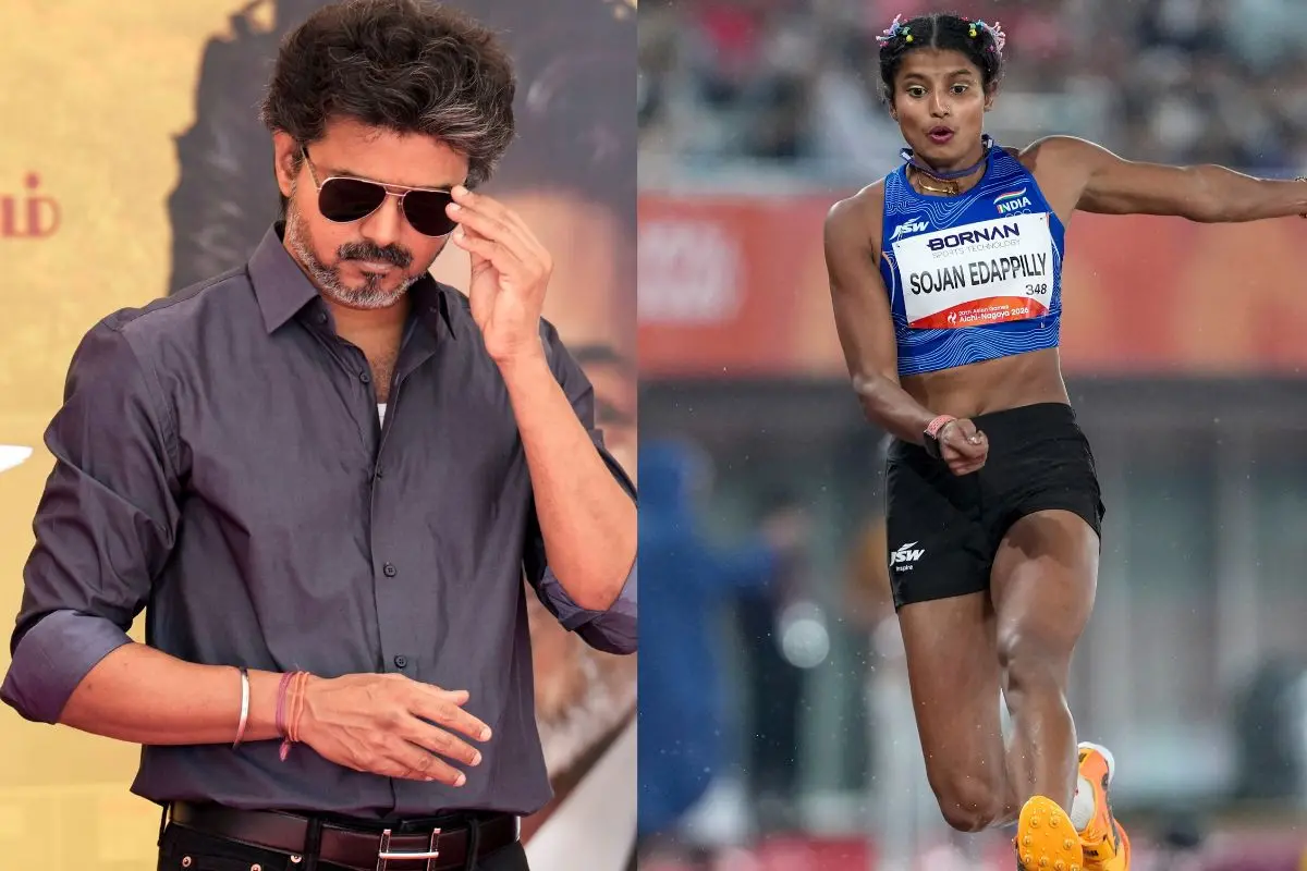 From (L) Tamil Nadu CM Vijay, Ancy Sojan @ Asian Games 2026 | Photos: PTI