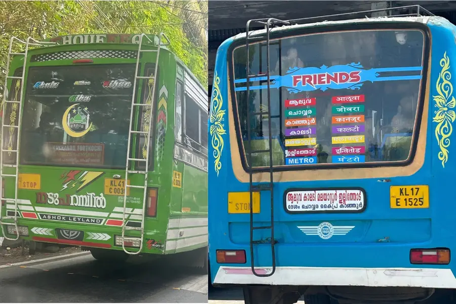 Two of the photographs taken by the author documenting buses displaying the required complaint numbers.