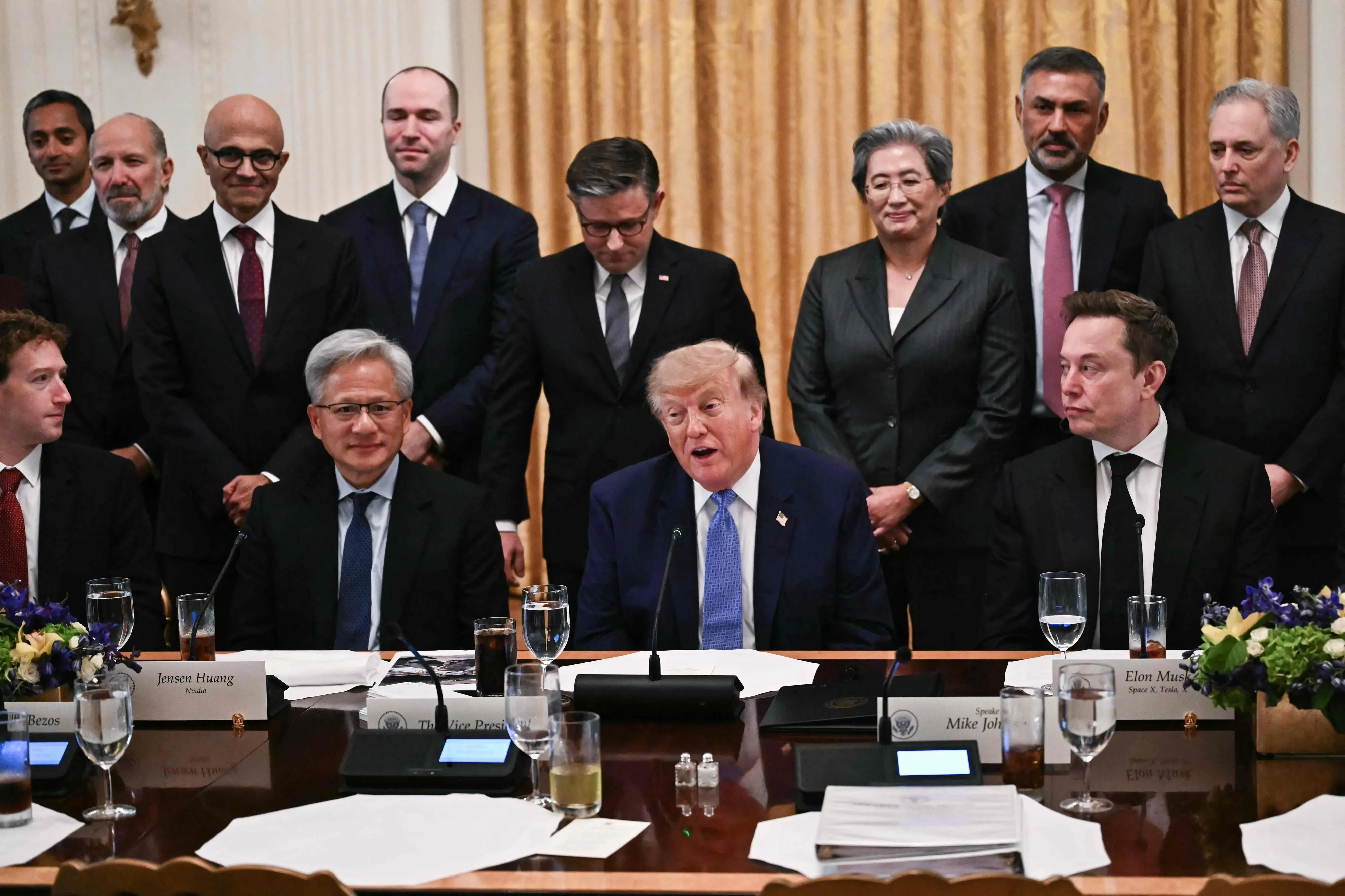 US President Donald Trump speaks during a meeting with technology executives about artificial intelligence, in the East Room of the White House in Washington, DC
