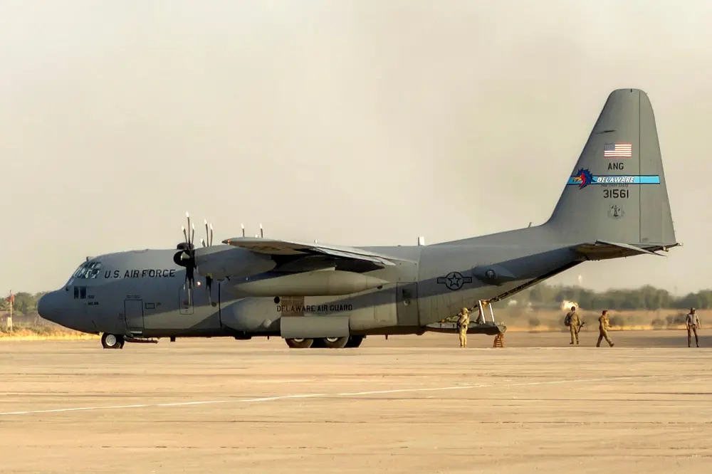 A US Air Force C-130 Hercules military transport aircraft prepares for takeoff from Camp Victory on the outskirts of Baghdad International Airport