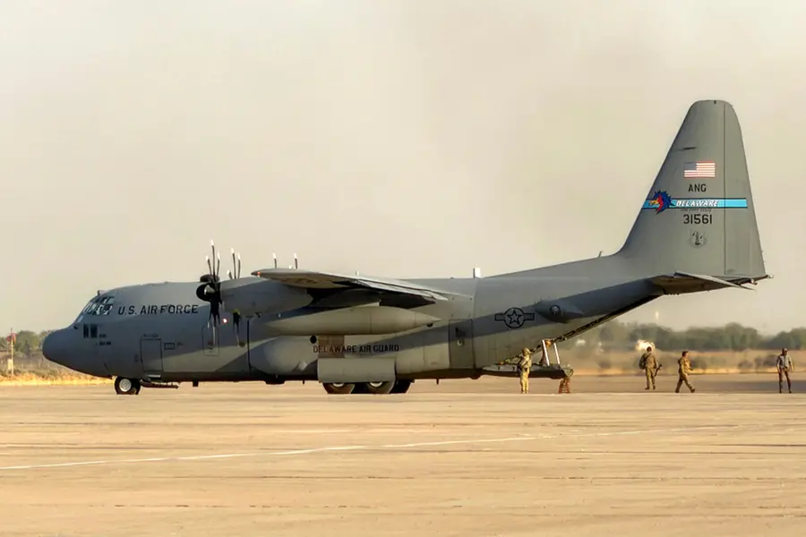A US Air Force C-130 Hercules military transport aircraft prepares for takeoff from Camp Victory on the outskirts of Baghdad International Airport