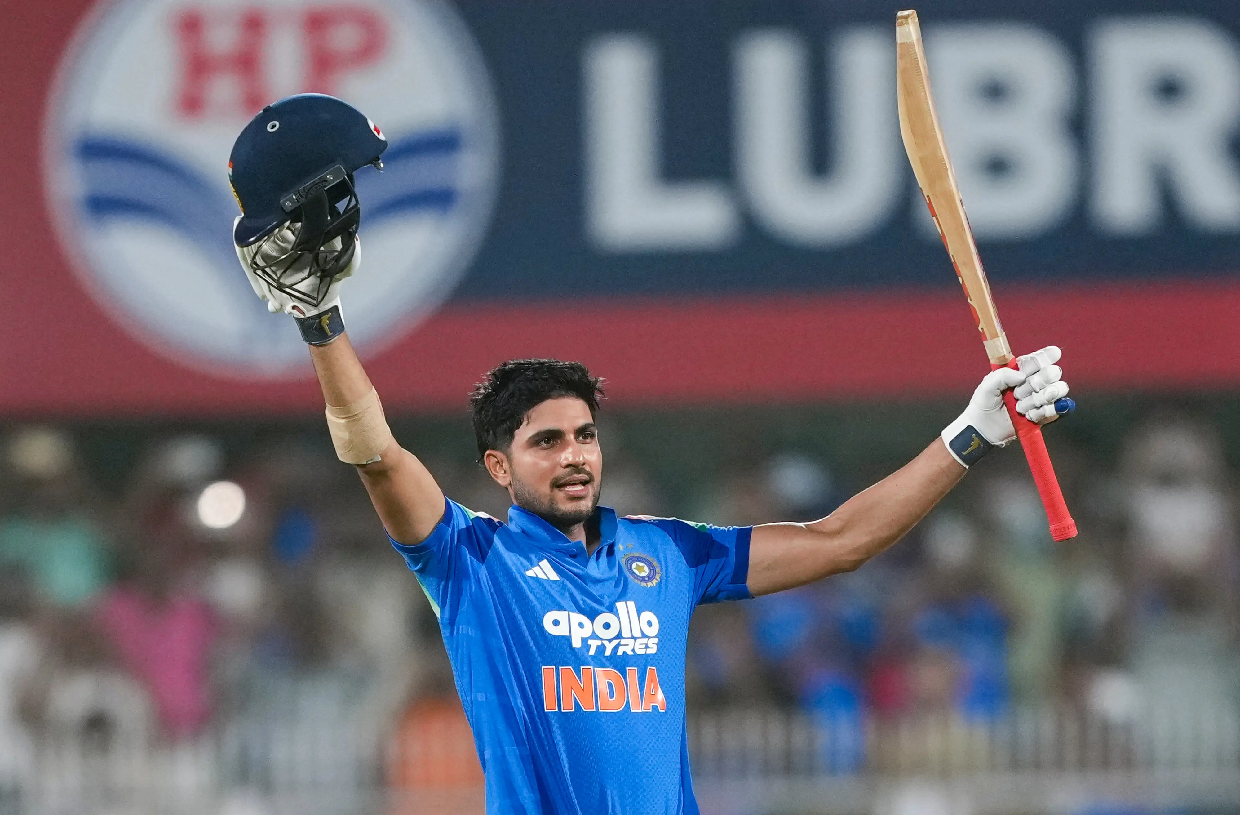 India's captain Shubman Gill celebrates after scoring a double century during the second one-day international cricket match between India and West Indies in Guwahati.| Photo: PTI