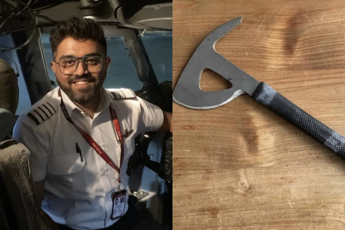 ക്യാപ്റ്റൻ സ്മിത് മച്ചാർ, വിമാനത്തിന്റെ കോക്ക്പിറ്റിൽ അടിയന്തര ആവശ്യങ്ങൾക്കായി സൂക്ഷിക്കാറുള്ള 'ക്രാഷ് ആക്സ്' | Photo: x.com/kamalrajsingh_ and x.com/Bo_6a7no0on