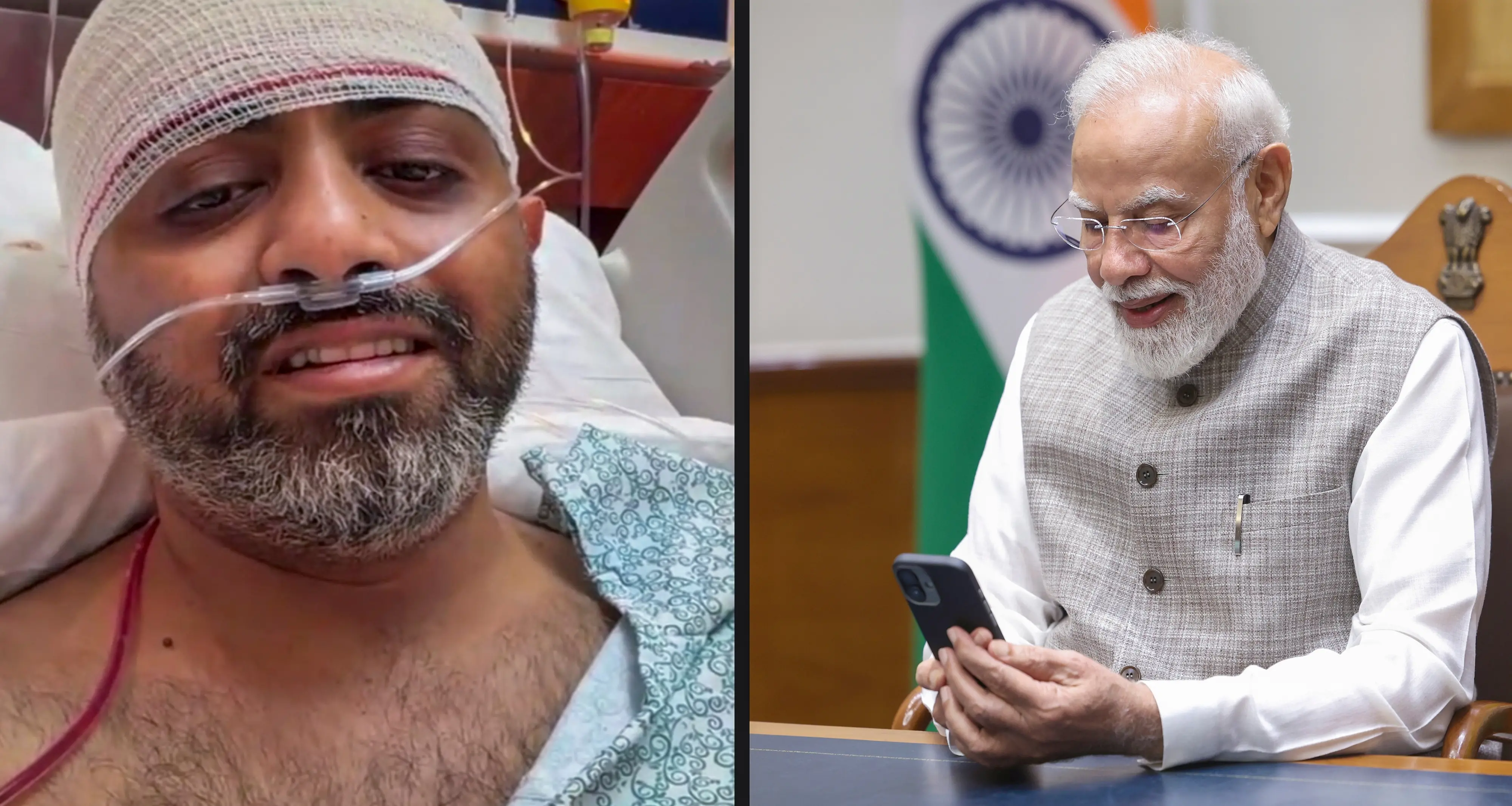 Prime Minister Narendra Modi interacts with Captain Smit Machchaar, who allegedly foiled an attempt by his co-pilot to crash an Israel-bound flydubai flight and is currently undergoing treatment at a hospital in the UAE, during a video call, in New Delhi.| Photo: PTI