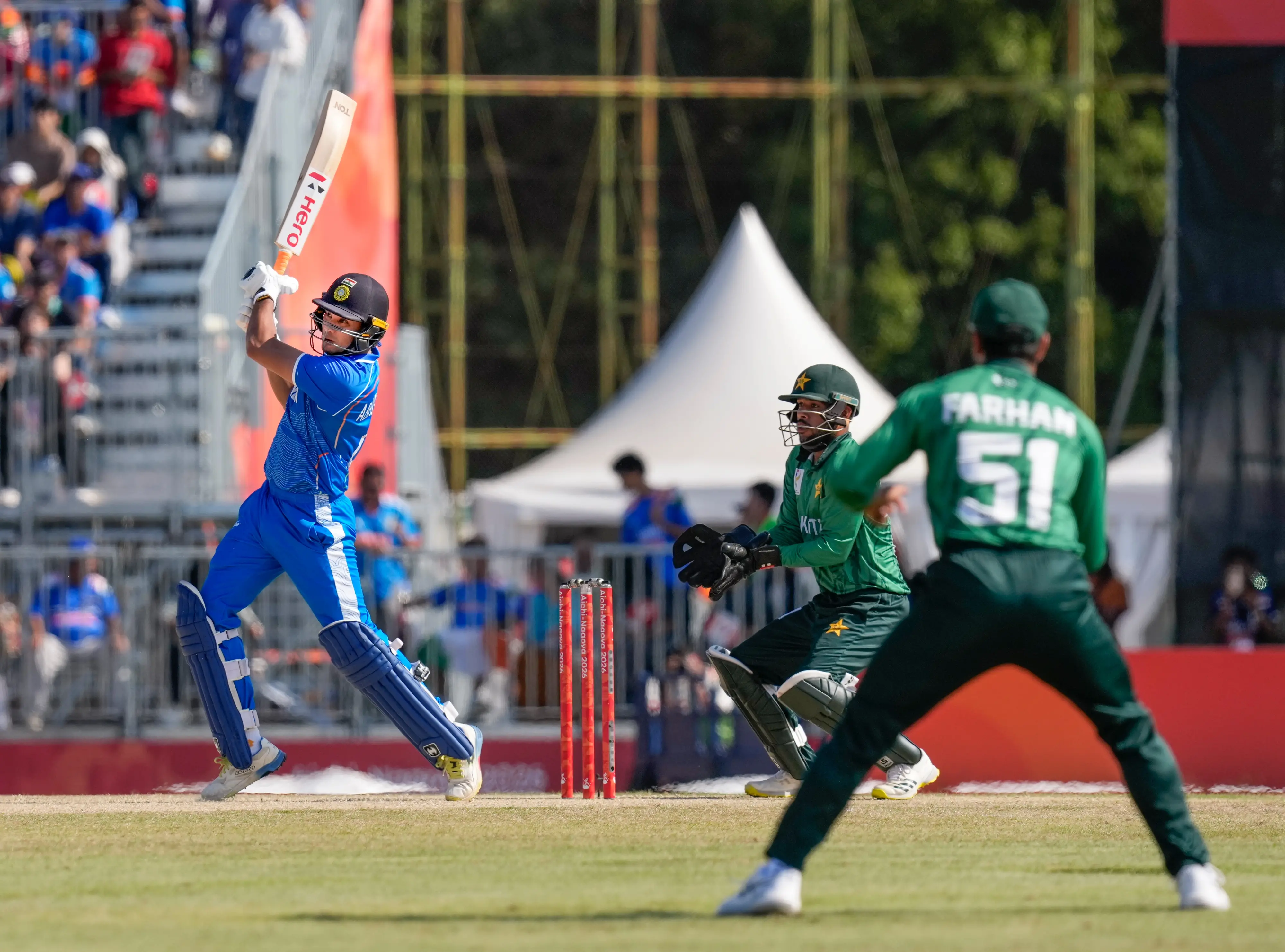 India's Abhishek Sharma plays a shot during the final T20I cricket match between India and Pakistan, at the 20th Asian Games, in Nisshin, Japan, Saturday, Oct. 3, 2026