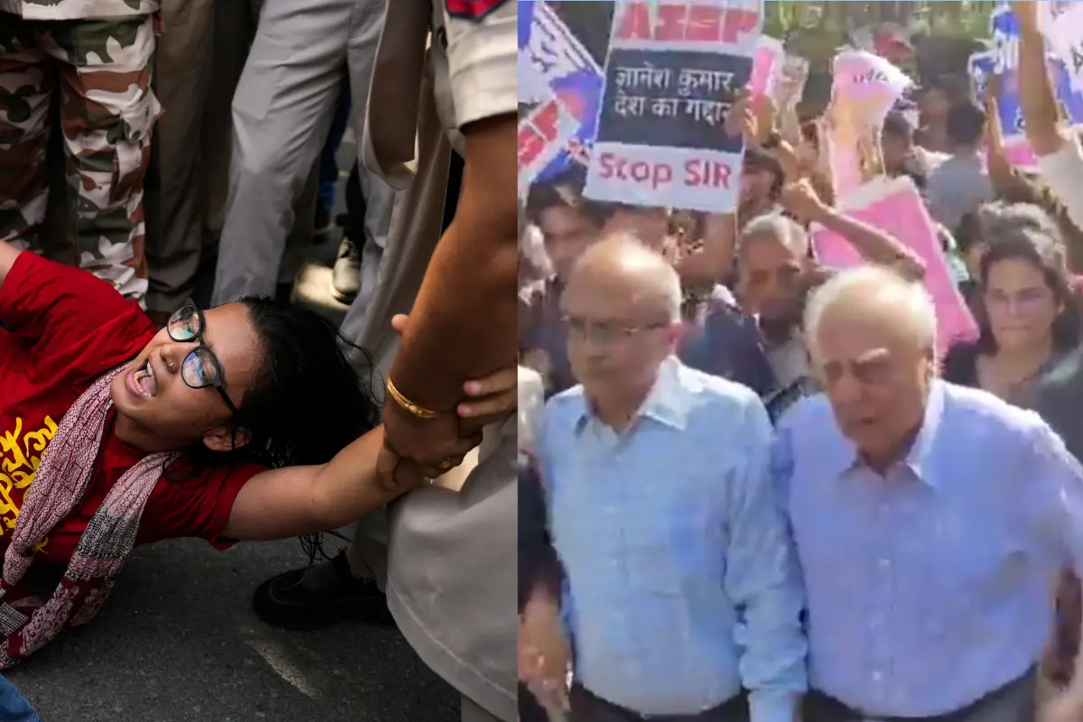 Security personnel detain All India Students' Association (AISA) National President Neha Bora (left), Senior advocate Kapil Sibal, along with Prashant Bhushan marching towards Jantar Mantar | Photo: PTI, X
