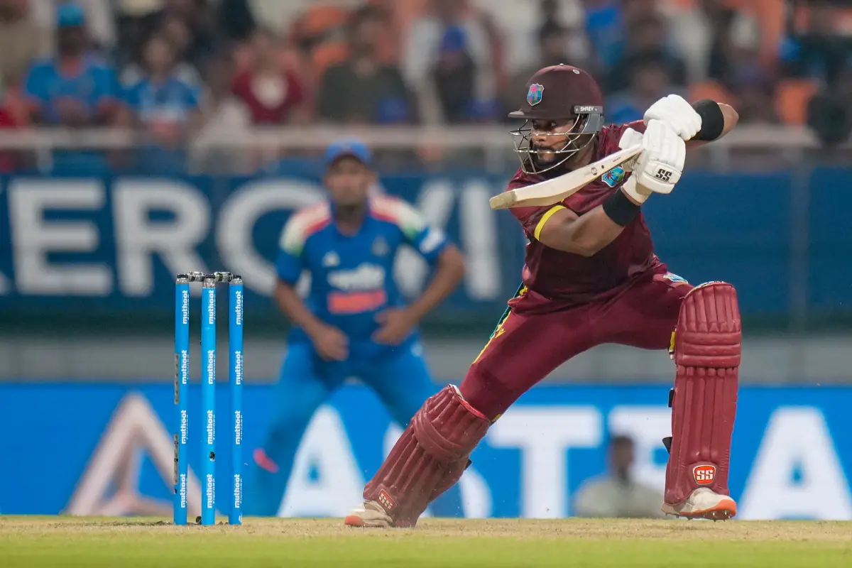 West Indies' Shai Hope plays a shot during the third and final One Day International (ODI) cricket match of a series between India and West Indies, in Mullanpur, Saturday, Oct. 3, 2026 | Photo: PTI