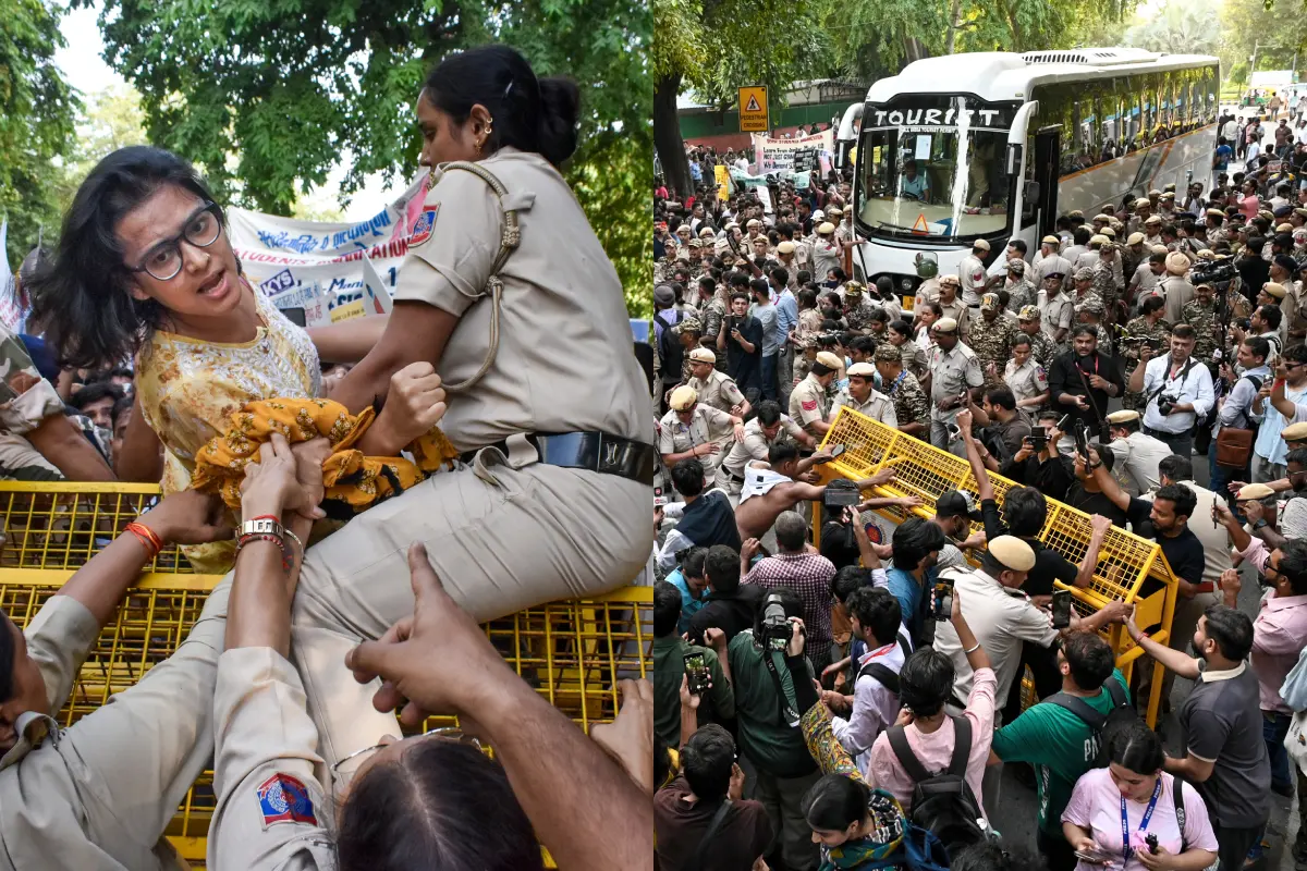 ഐസ പ്രസിഡന്റ് നേഹാ ബോറ പ്രതിഷേധത്തിനിടെ ബാരിക്കേഡിന് മുകളിൽ കയറിയപ്പോൾ, വിദ്യാർഥികളുടെ മാർച്ച് പോലീസ് തടയുന്നു, കസ്റ്റഡിയിലെടുക്കുന്നവരെ കൊണ്ടുപോകാനായി പോലീസ് ഏർപ്പെടുത്തിയ സ്വകാര്യ ബസ്സും കാണാം | Photos: PTI