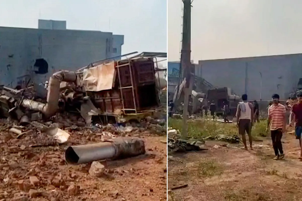 Damaged structres lie on the ground after an alleged explosion that occurred at TIL Healthcare facility within the Sri City Special Economic Zone (SEZ), in Tirupati district, Saturday, Oct. 3, 2026.
