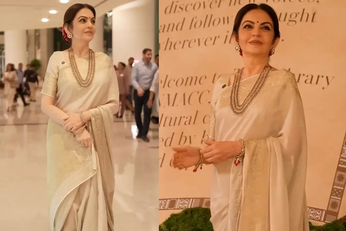 Nita Ambani in a cream silk saree and Guttapusalu necklace at NMACC's 'The Library' announcement.