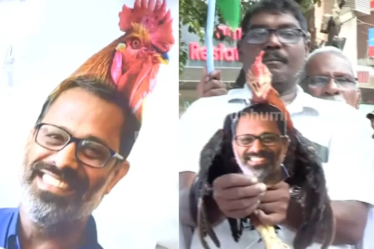 ലൈംഗികാതിക്രമ ആരോപണവിധേയനായ പാലക്കാട് സി.പി.എം. മുൻ ജില്ലാ സെക്രട്ടറി ഇ.എൻ. സുരേഷ് ബാബുവിനെതിരേ കോൺഗ്രസ് പ്രവർത്തകർ കോഴിയുമായെത്തി സമരംചെയ്യുന്നു