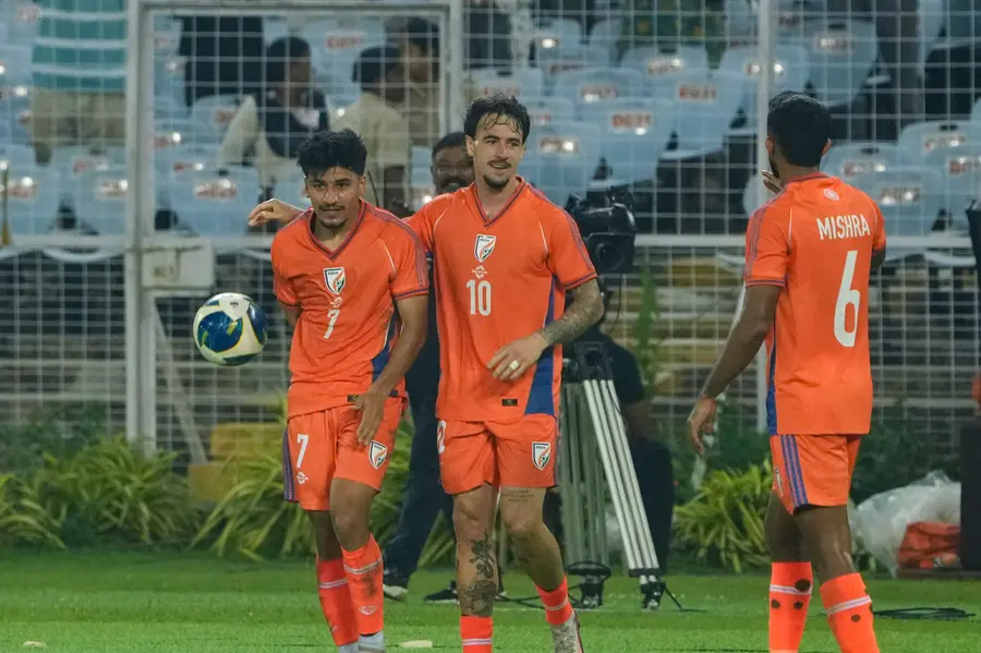 India's Anirudh Thapa, left, celebrates with Ryan Williams after scoring a goal during an International friendly Football match between India and Uruguay, in Kolkata, Tuesday