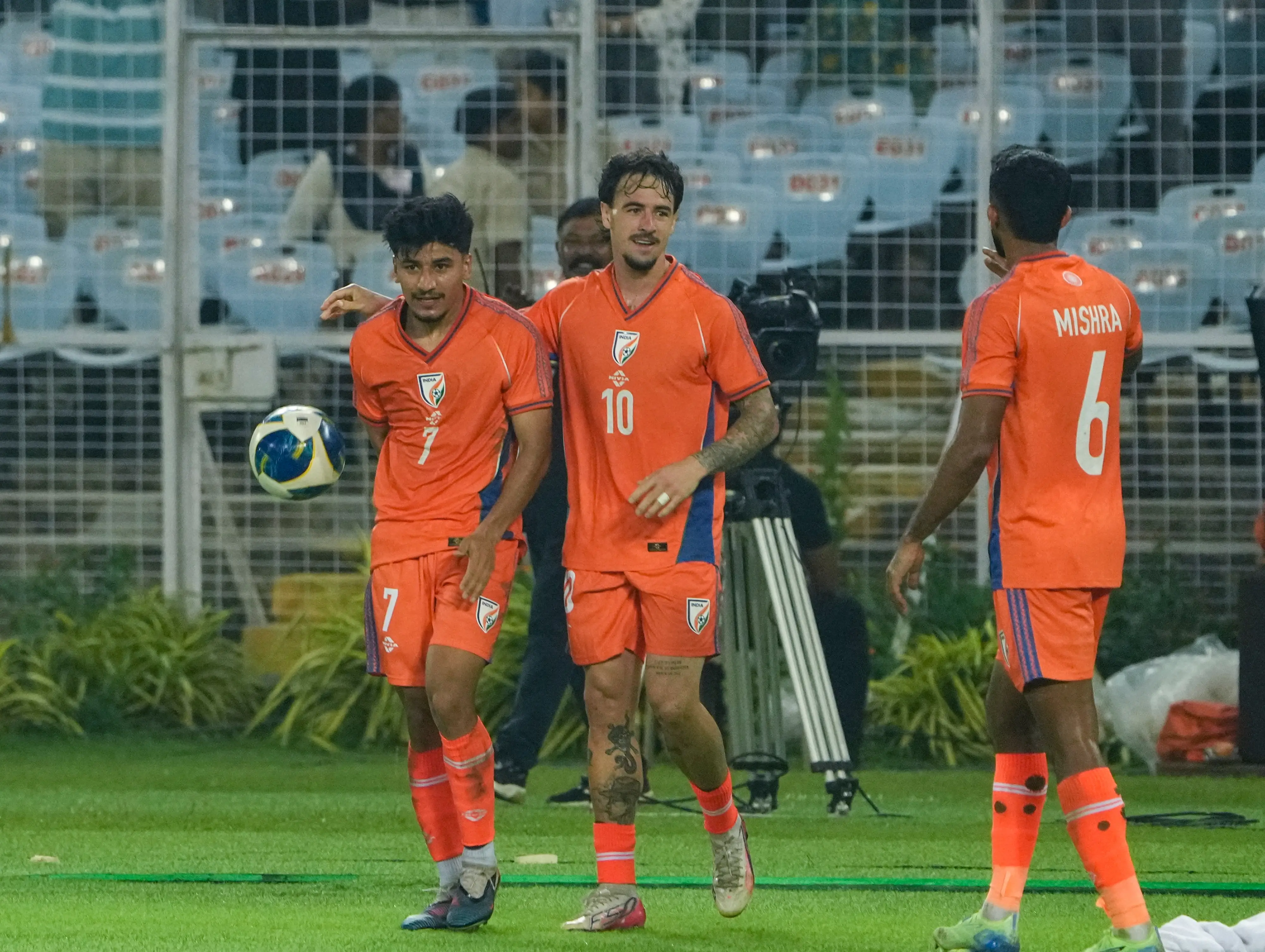 India's Anirudh Thapa, left, celebrates with Ryan Williams after scoring a goal during an International friendly Football match between India and Uruguay, in Kolkata, Tuesday