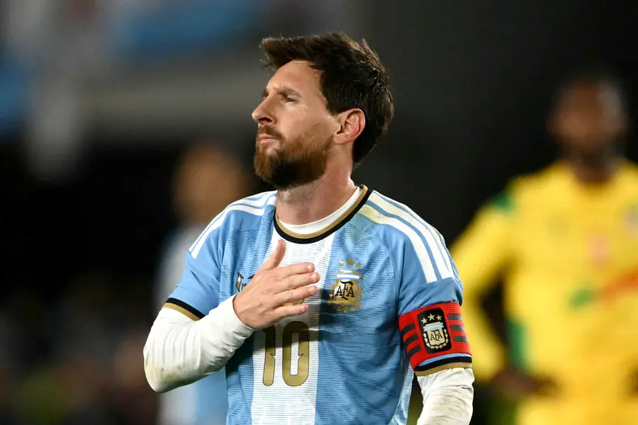 Argentina's forward Lionel Messi celebrates scoring his team's third goal during the international friendly football match between Argentina and Benin