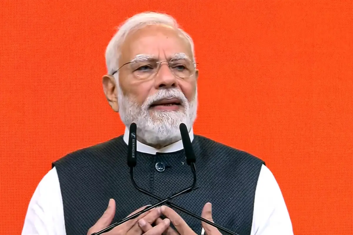 Prime Minister Narendra Modi addresses the gathering during the Viksit Bharat Sankalp Sabha in New Delhi. The event marks 25 years of PM Modi in public office as head of government, dating back to October 7, 2001, when he first took the oath as Gujarat's Chief Minister. (@NarendraModi/YT via PTI Photo)