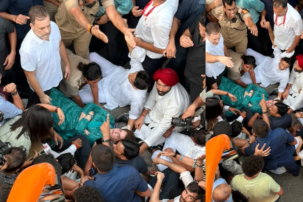 പ്രിയങ്ക ഗാന്ധി റോഡില് കിടന്ന് പ്രതിഷേധിക്കുന്നു