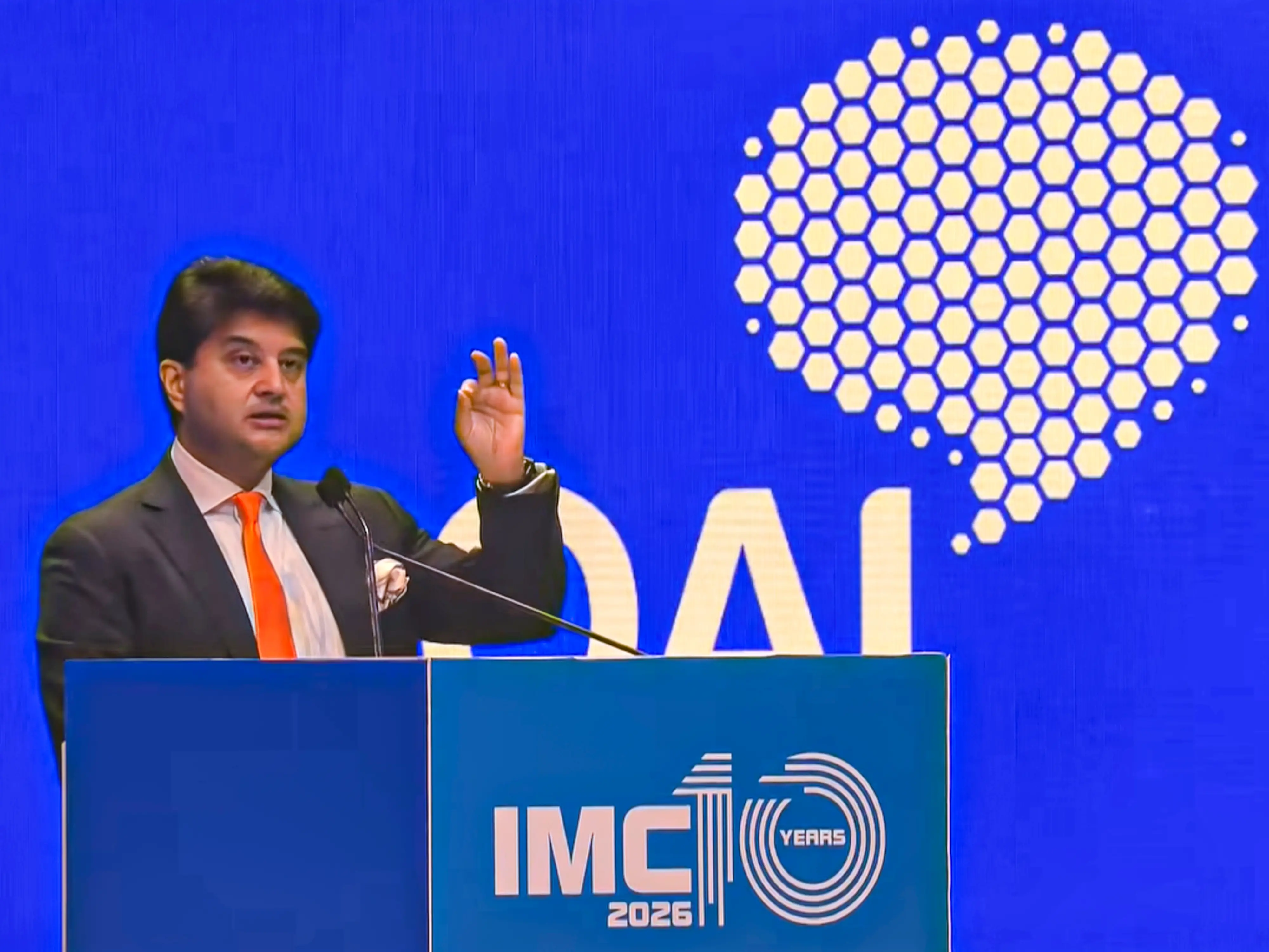 Union Minister for Communications Jyotiraditya Scindia addresses the gathering during the inauguration of the 10th edition of the India Mobile Congress (IMC) 2026