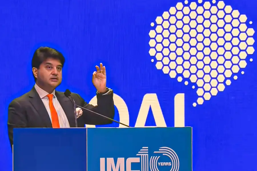 Union Minister for Communications Jyotiraditya Scindia addresses the gathering during the inauguration of the 10th edition of the India Mobile Congress (IMC) 2026