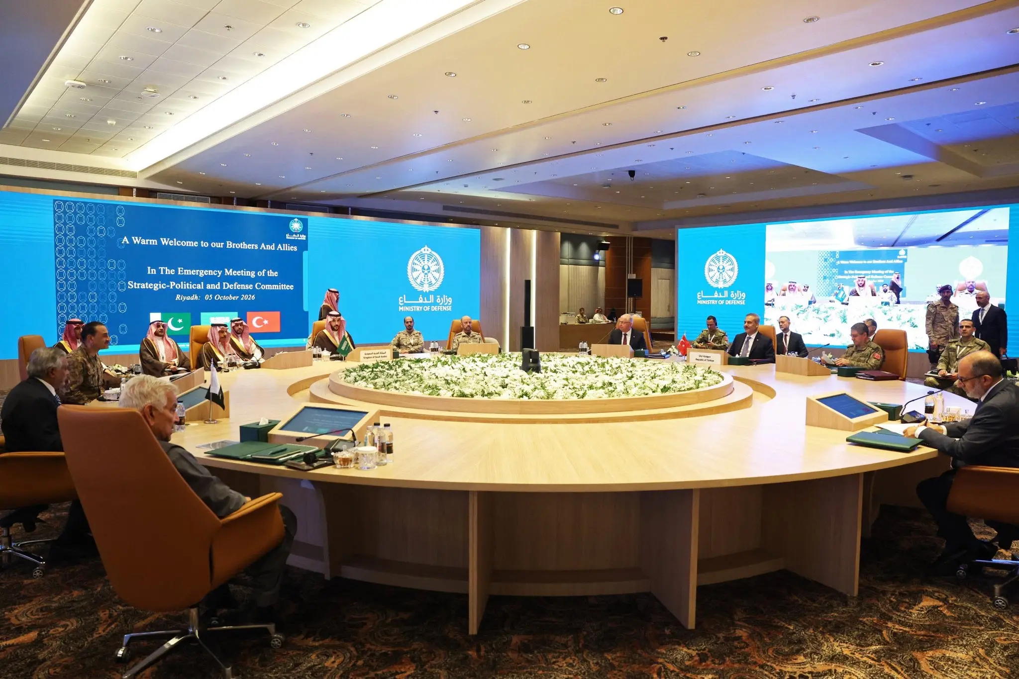 This handout picture released by the Saudi Ministry of Media on October 5, 2026, shows Pakistan's Foreign Minister Ishaq Dar (2nd L), Saudi Defence Minister Khalid bin Salman (5th from L) and Turkey's Foreign Minister Hakan Fidan (3rd R) attending a meeting of the Strategic Political and Defence Committee in Riyadh.