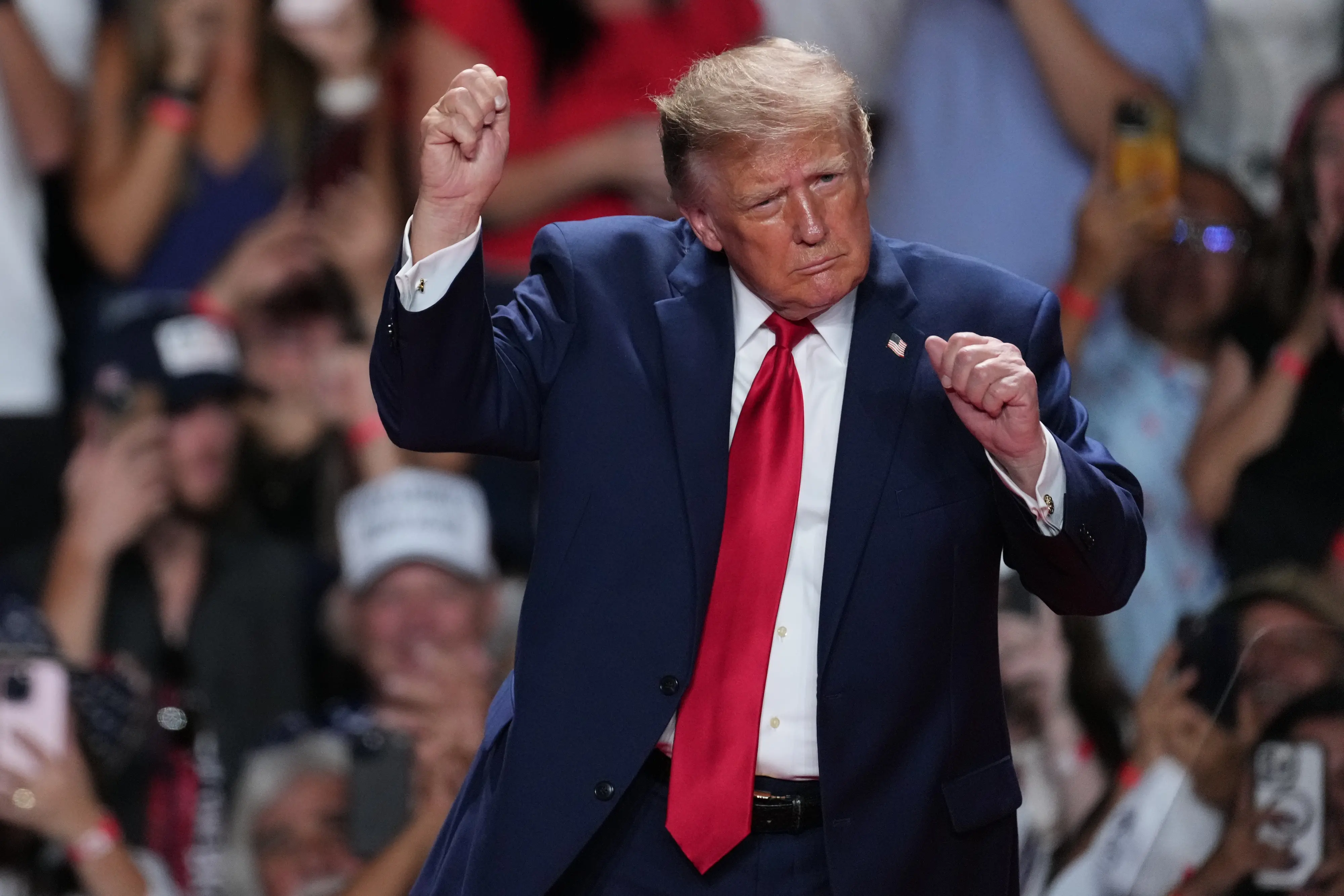 President Donald Trump dances at a campaign rally at the Freeman Coliseum in San Antonio, Wednesday, Oct. 7, 2026. (AP Photo/Eric Gay)