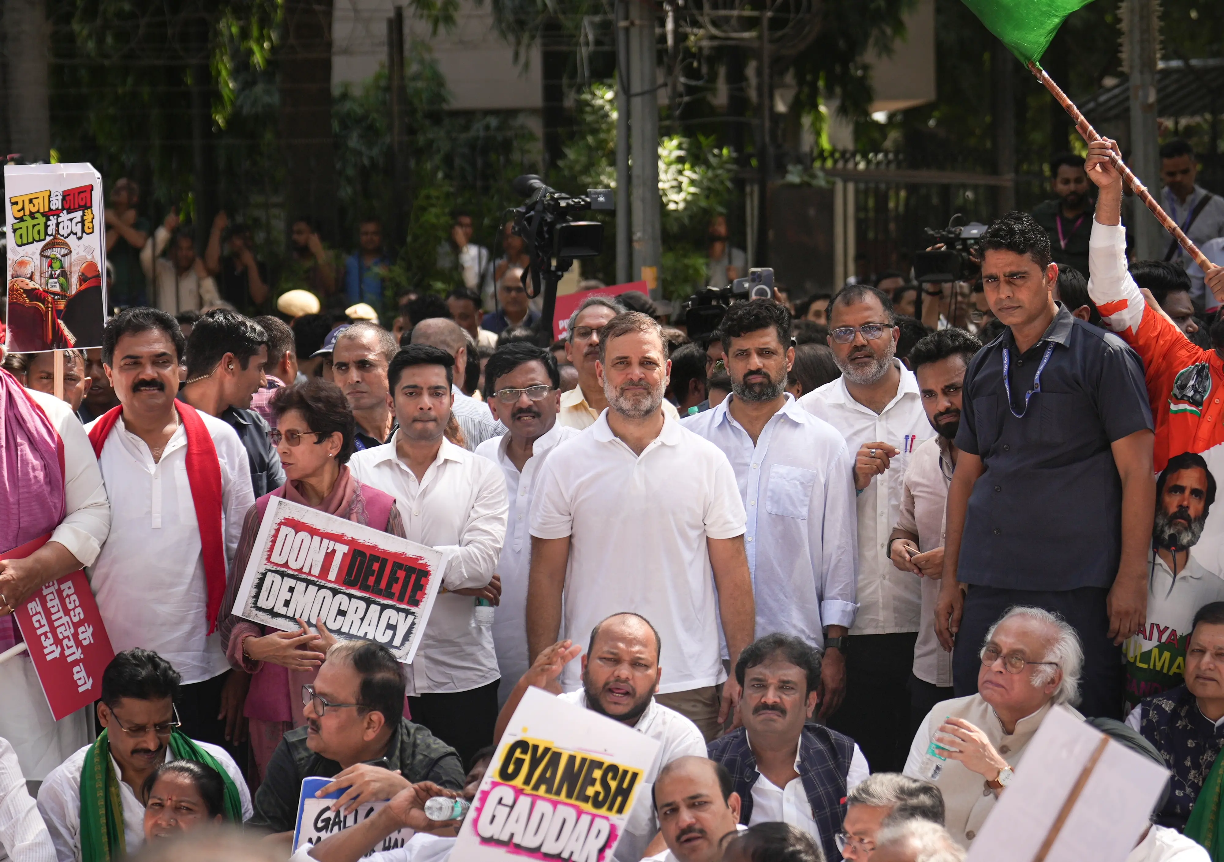 Leader of Opposition in the Lok Sabha Rahul Gandhi alongside TMC MP Abhishek Banerjee, Shiv Sena (UBT) MP Sanjay Raut, Congress MP Jairam Ramesh, and other INDIA bloc leaders | Photo: PTI