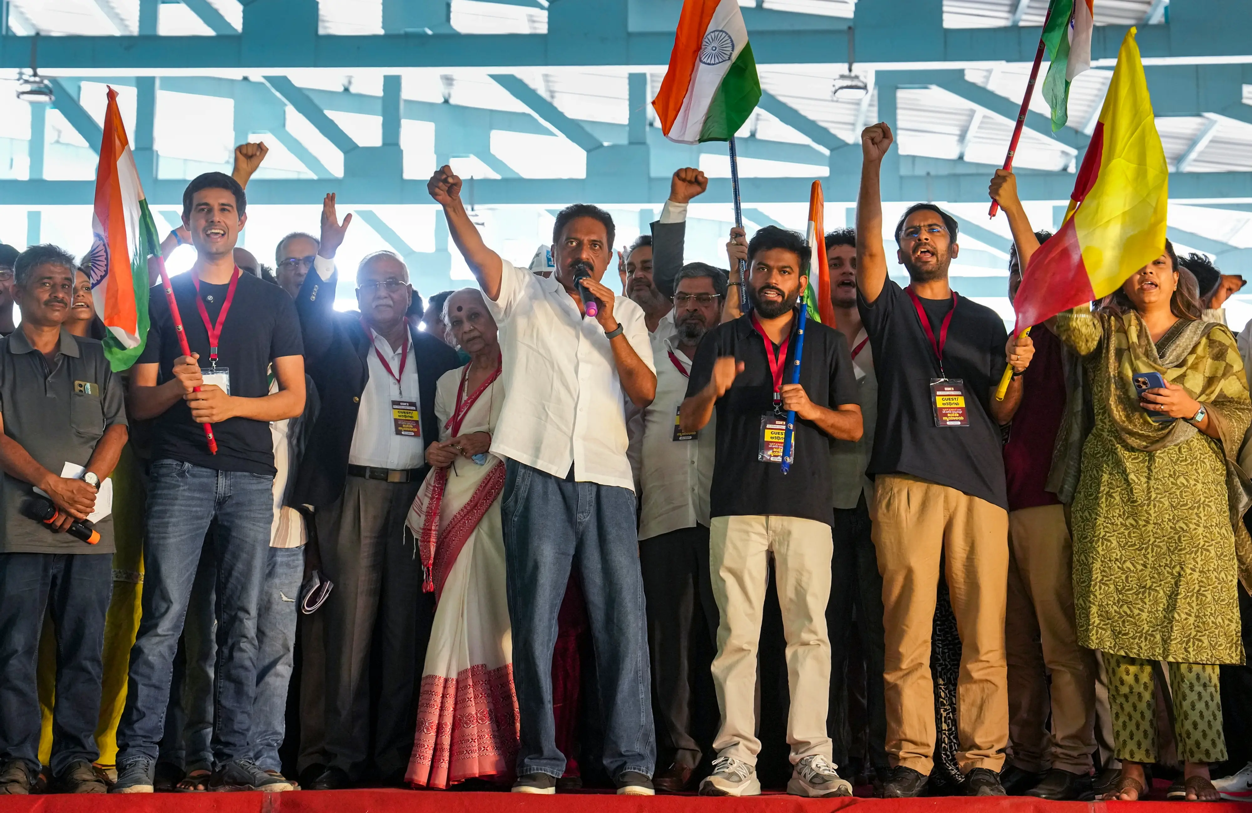 Actor-activist Prakash Raj addresses the gathering as Cockroach Janta Party (CJP) founder Abhijeet Dipke, CJP spokespersons Ashutosh Ranka and Saurav Das, and YouTuber Dhruv Rathee look on during a protest against Chief Election Commissioner (CEC) Gyanesh Kumar over the Special Intensive Revision (SIR) of electoral rolls, at Freedom Park, in Bengaluru, Karnataka, Thursday, Oct. 8, 2026 | PTI