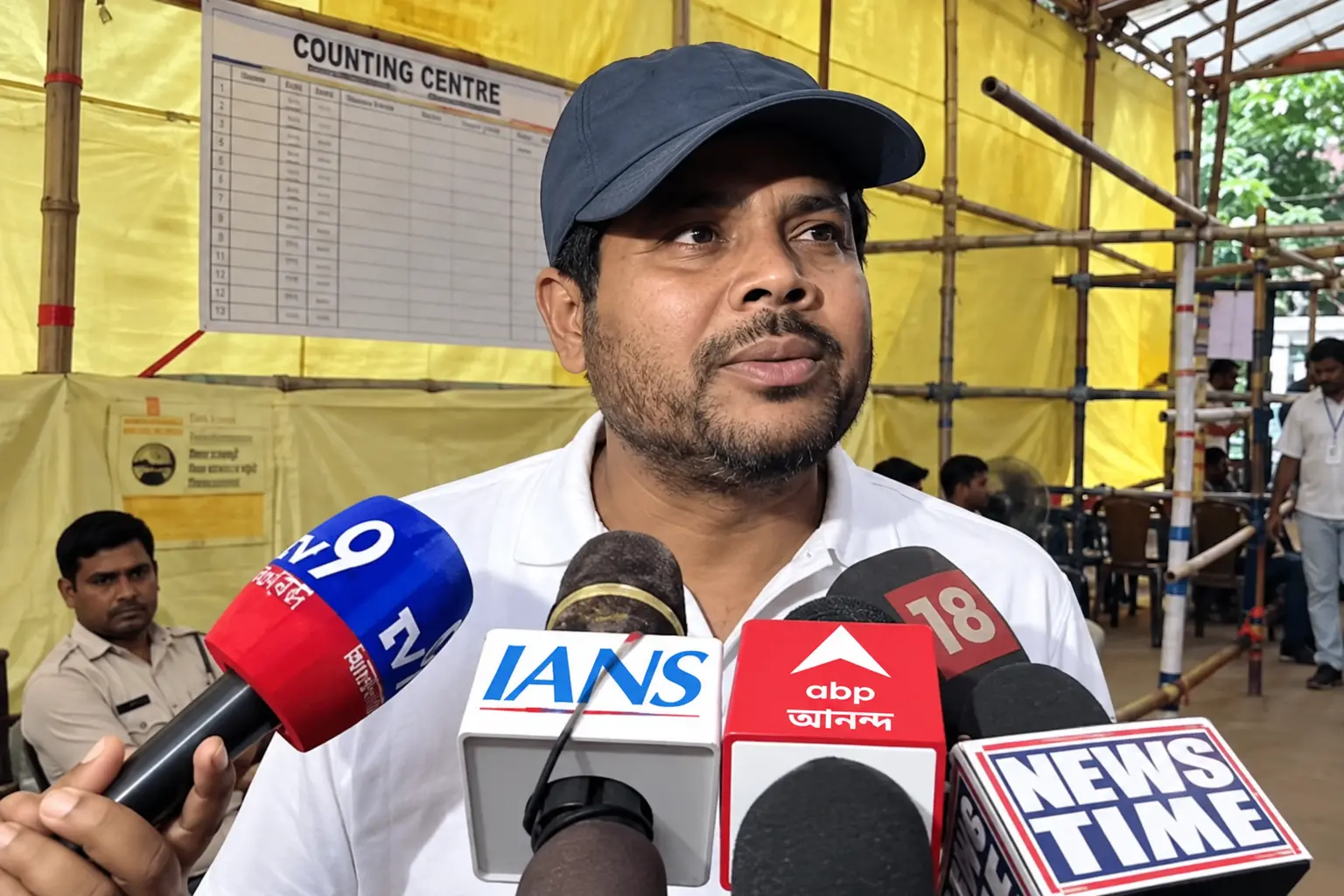 Shafiuzzaman Sheikh speaks to the media at the Rejinagar bypoll counting centre in Berhampore, West Bengal, amid tense counting proceedings.