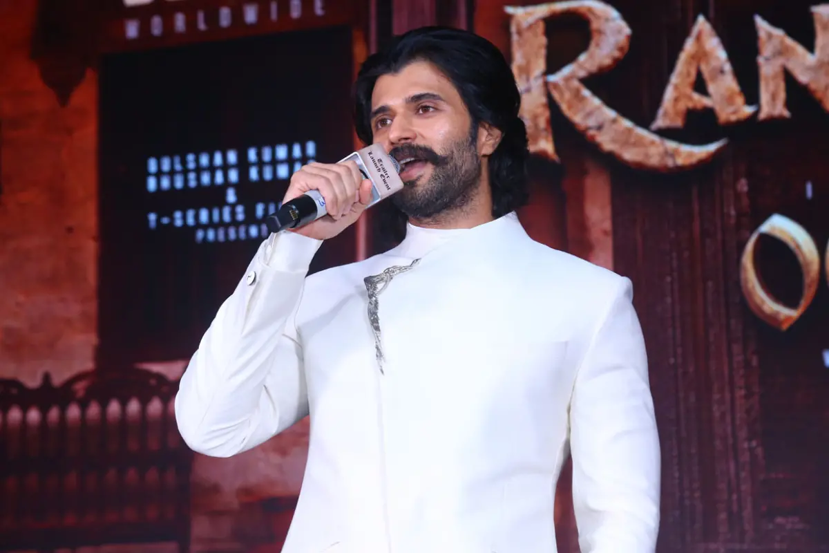 Vijay Deverakonda at the trailer launch of 'Ranabaali' in Hyderabad. Photo | X
