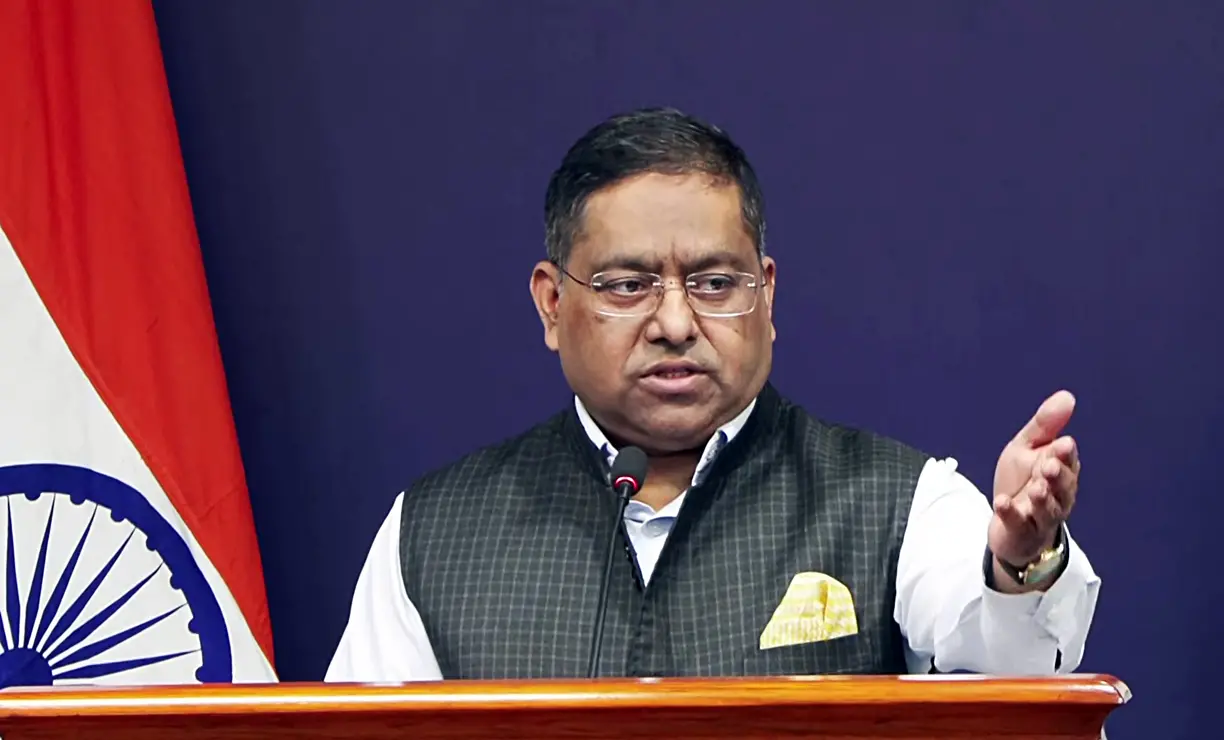 MEA Spokesperson Randhir Jaiswal addresses a press conference to strongly condemn attacks on civilian infrastructure in Saudi Arabia, in New Delhi.| Photo: PTI