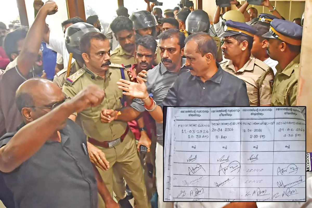 • ഒപ്പുവിവാദത്തിൽ മേയറുടെ രാജി ആവശ്യപ്പെട്ട് കോർപ്പറേഷനു മുന്നിൽ എൽ.ഡി.എഫിന്റെ സമരം നടക്കുമ്പോൾ ഓഫീസിലേക്കു കയറിപ്പോകുന്ന മേയർ വി.വി. രാജേഷ്