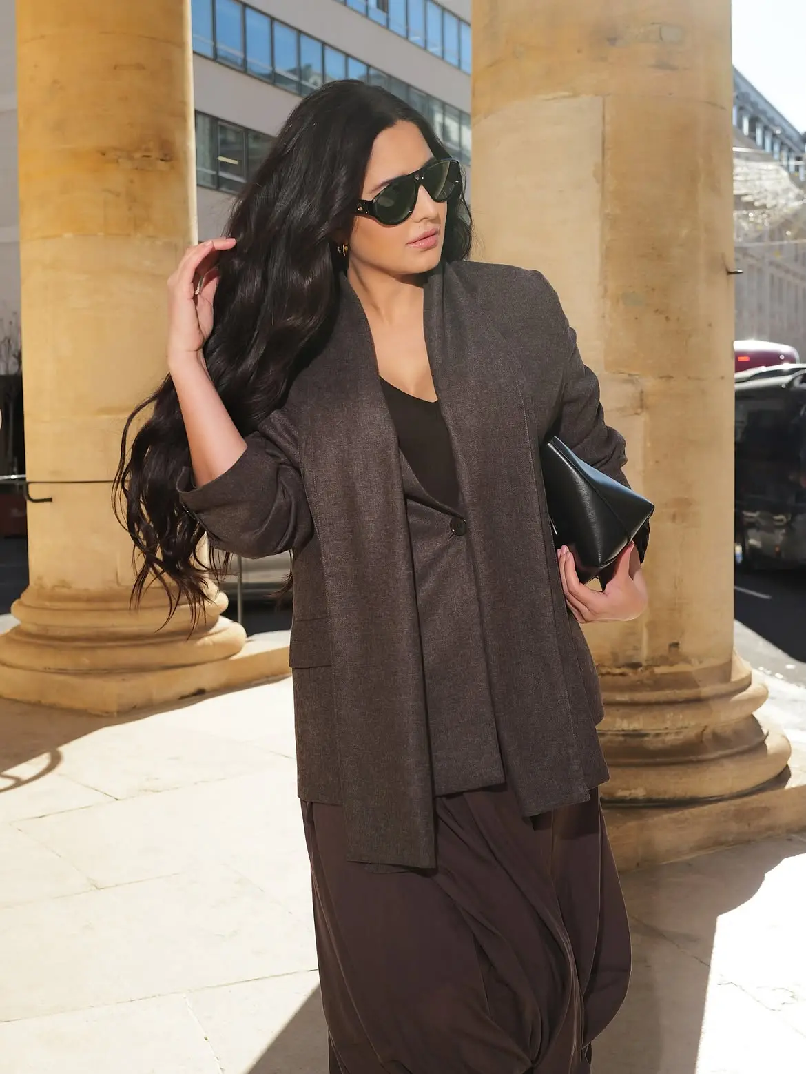 Katrina Kaif steps out in London in a brown Toteme ensemble styled by Rhea Kapoor. Photo | X