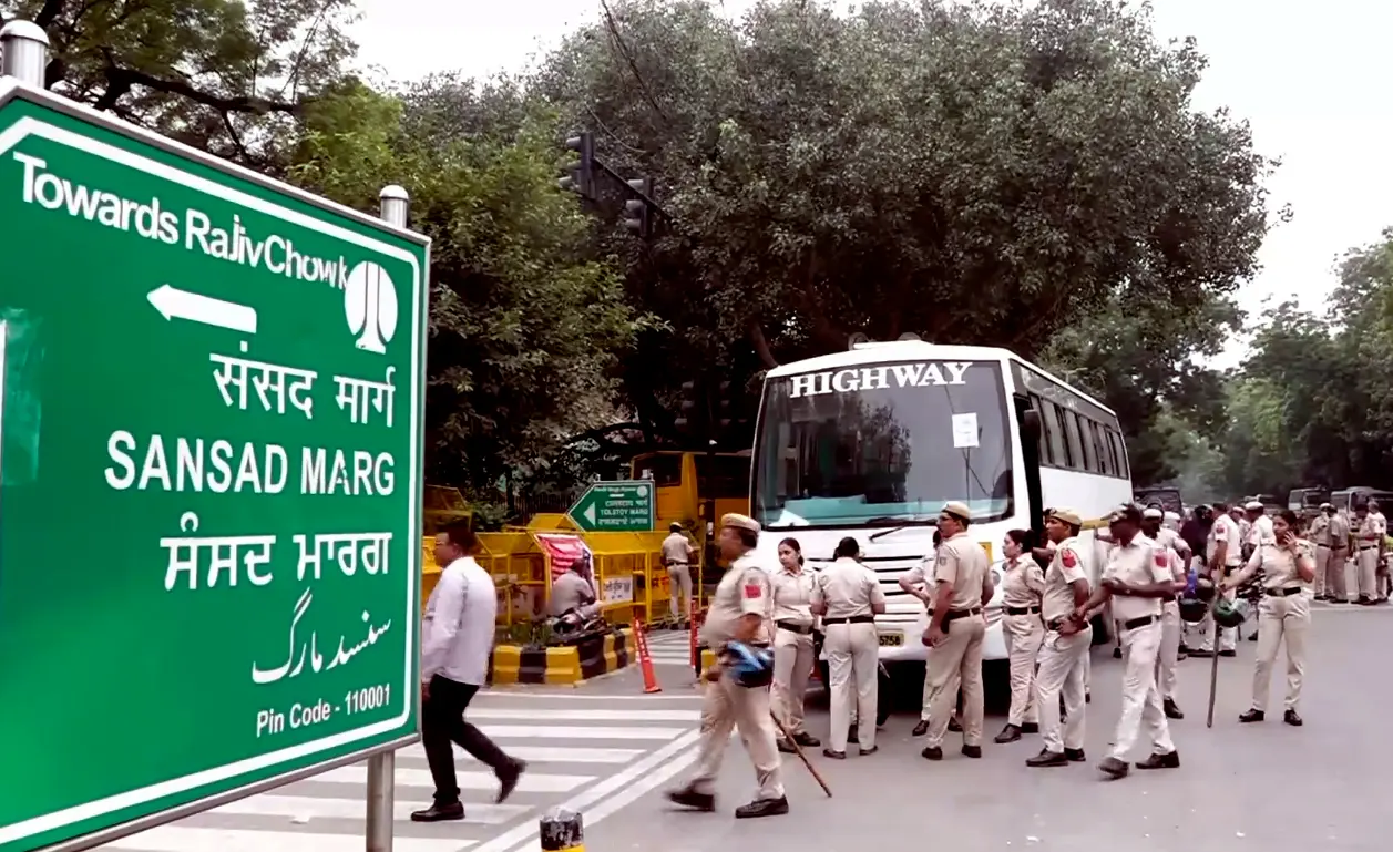 Security personnel stand guard as heavy police deployment and entry restrictions are enforced opposite the Jeevan Bharati Building at Connaught Place Outer Circle, in New Delhi on Saturday, Oct. 10, 2026 ahead of Cockroach Janta Party's (CJP) proposed protest at Jantar Mantar | Photo: PTI