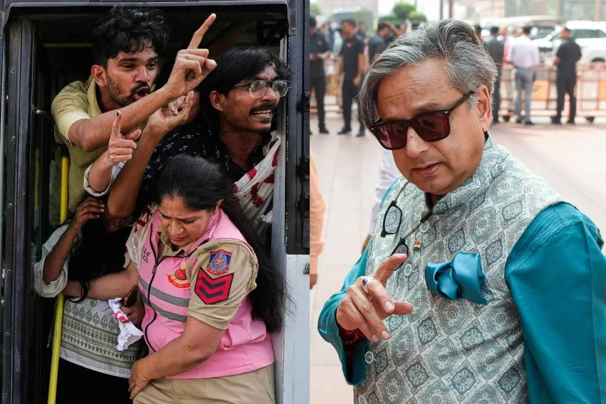 ഡൽഹി പ്രതിഷേധത്തിൽനിന്ന്, ശശി തരൂർ | ഫോട്ടോ - എ.പി., എ.എൻ.ഐ.