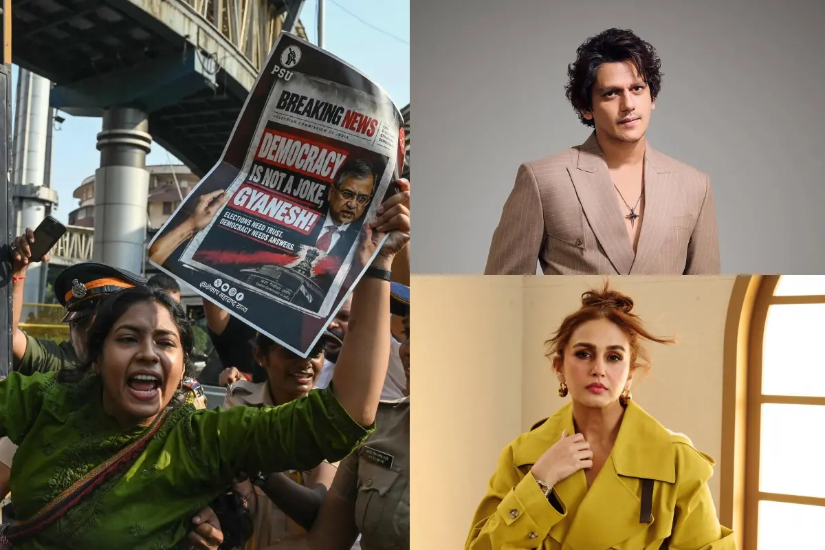 സിജെപി പ്രതിഷേധത്തിൽനിന്ന്, വിജയ് വർമ, ഹുമ ഖുറേഷി | ഫോട്ടോ: AFP, Instagram, Getty Images