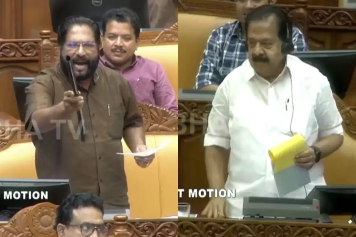 വി. ജോയ് എംഎൽഎ നിയമസഭയിൽ പൊട്ടിയ ലാത്തി ഉയർത്തിക്കാണിക്കുന്നു, മറുപടി പറയുന്ന ആഭ്യന്തര മന്ത്രി രമേശ് ചെന്നിത്തല