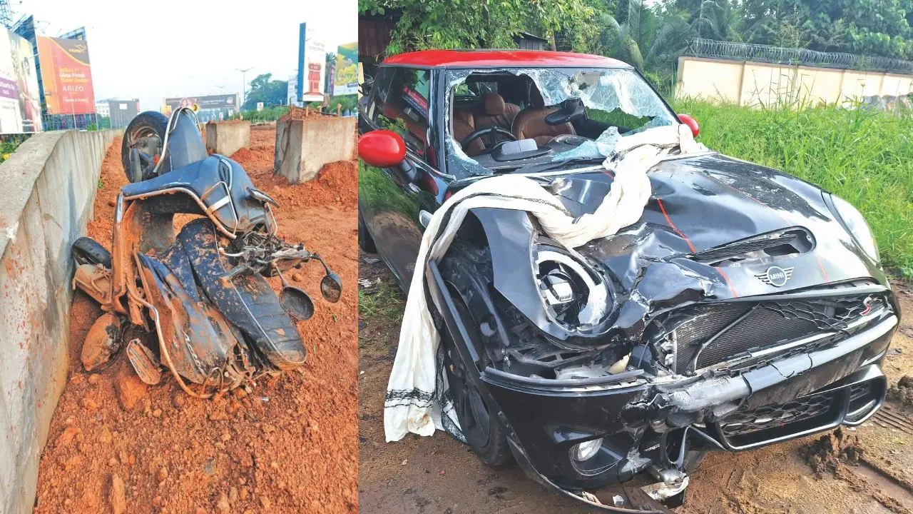കാറിടിച്ചു തകർന്ന സ്കൂട്ടർ, അപകടമുണ്ടാക്കിയ കാർ