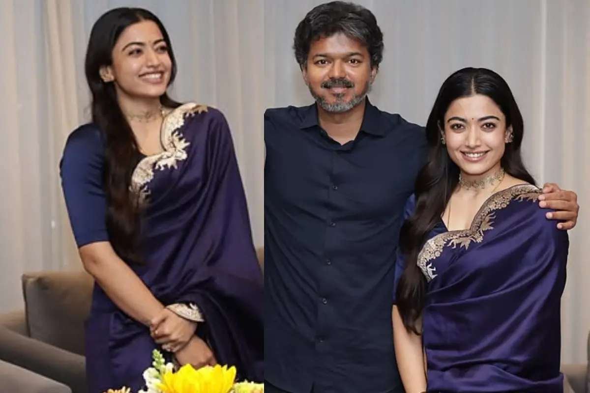 Rashmika Mandanna in a ₹64,800 Raw Mango sari for her meeting with CM Vijay. Photos | Instagram/@rashmikamandanna