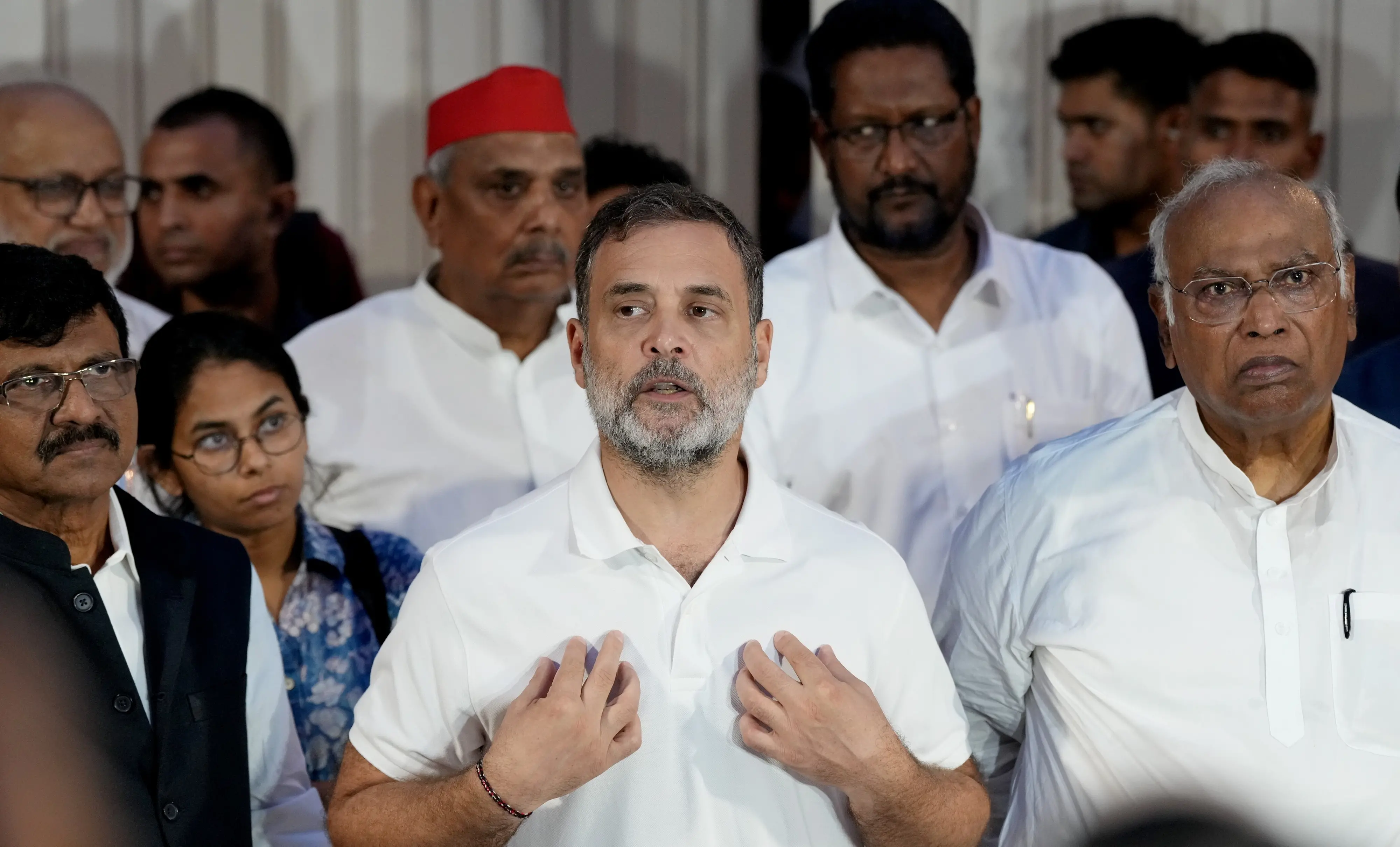 Leader of the Opposition in the Lok Sabha Rahul Gandhi, Congress President Mallikarjun Kharge, and other leaders of the INDIA bloc address a joint press conference in New Delhi, Tuesday, Oct. 13, 2026. (PTI Photo/Arun Sharma)