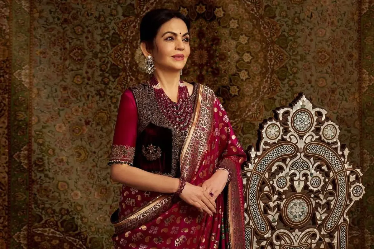 Nita Ambani celebrates Swadesh's first anniversary in a heritage Ashavali brocade sari by Royal Brocades. Photos | Instagram