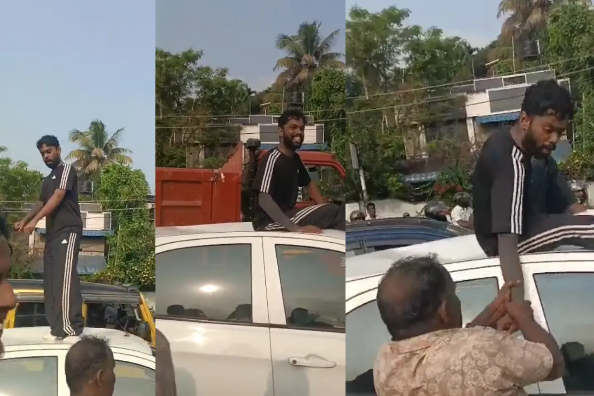 ദേശീയപാത സ്തംഭിപ്പിച്ച്  കാറിന് മുകളില്‍ കയറിയുള്ള യുവാവിന്റെ പ്രകടനം