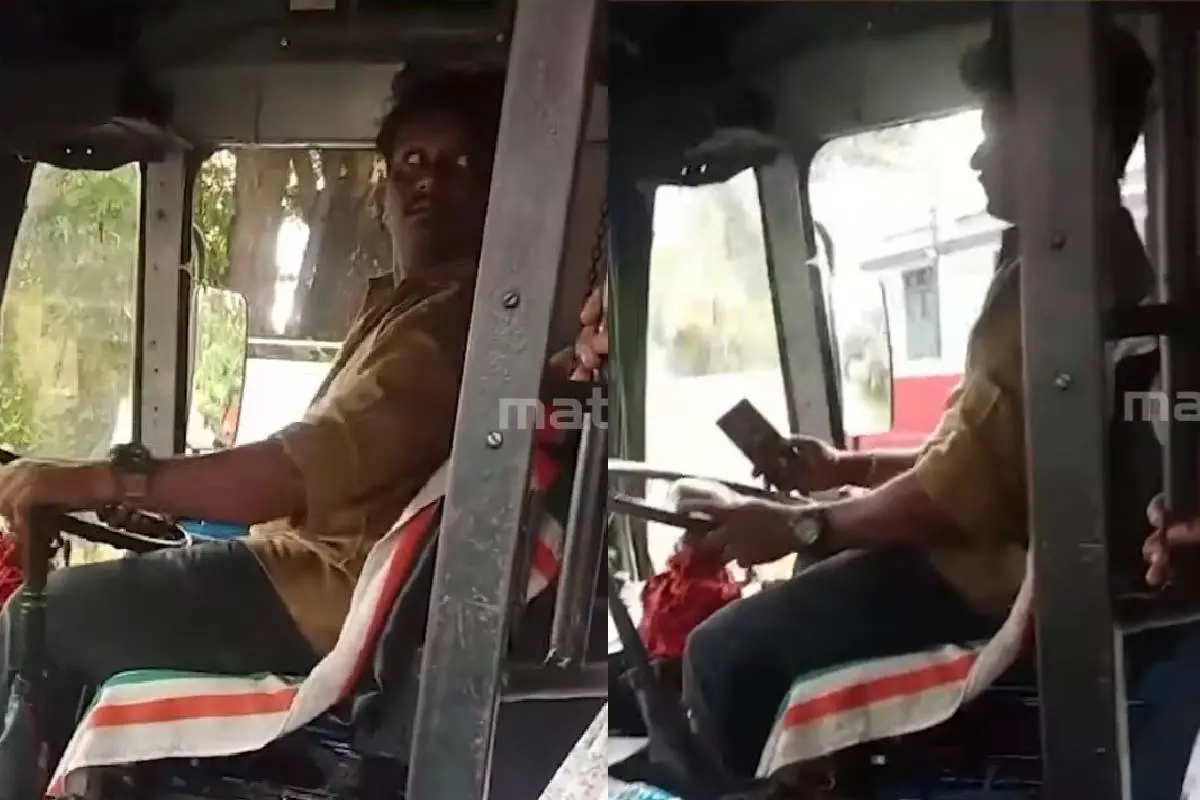 ഡ്രൈവിങ്ങിനിടെ ബസ് ഡ്രൈവര് ഫോണ് ഉപയോഗിക്കുന്നതിന്റെ ദൃശ്യങ്ങള്.