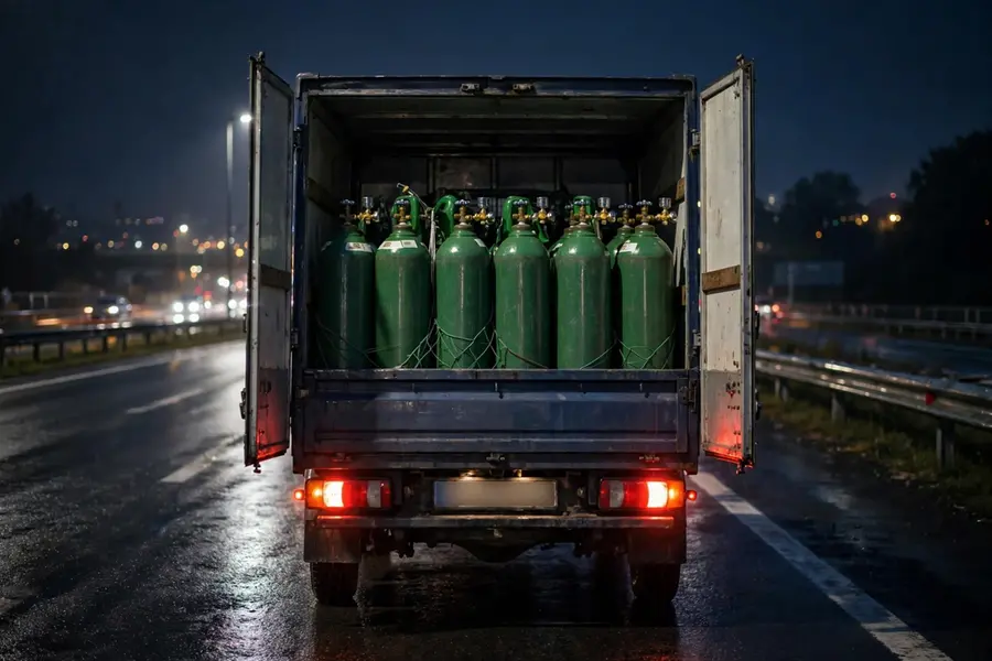 A KSEB employee died in Kannur after an oxygen cylinder fell from a moving mini lorry and exploded
